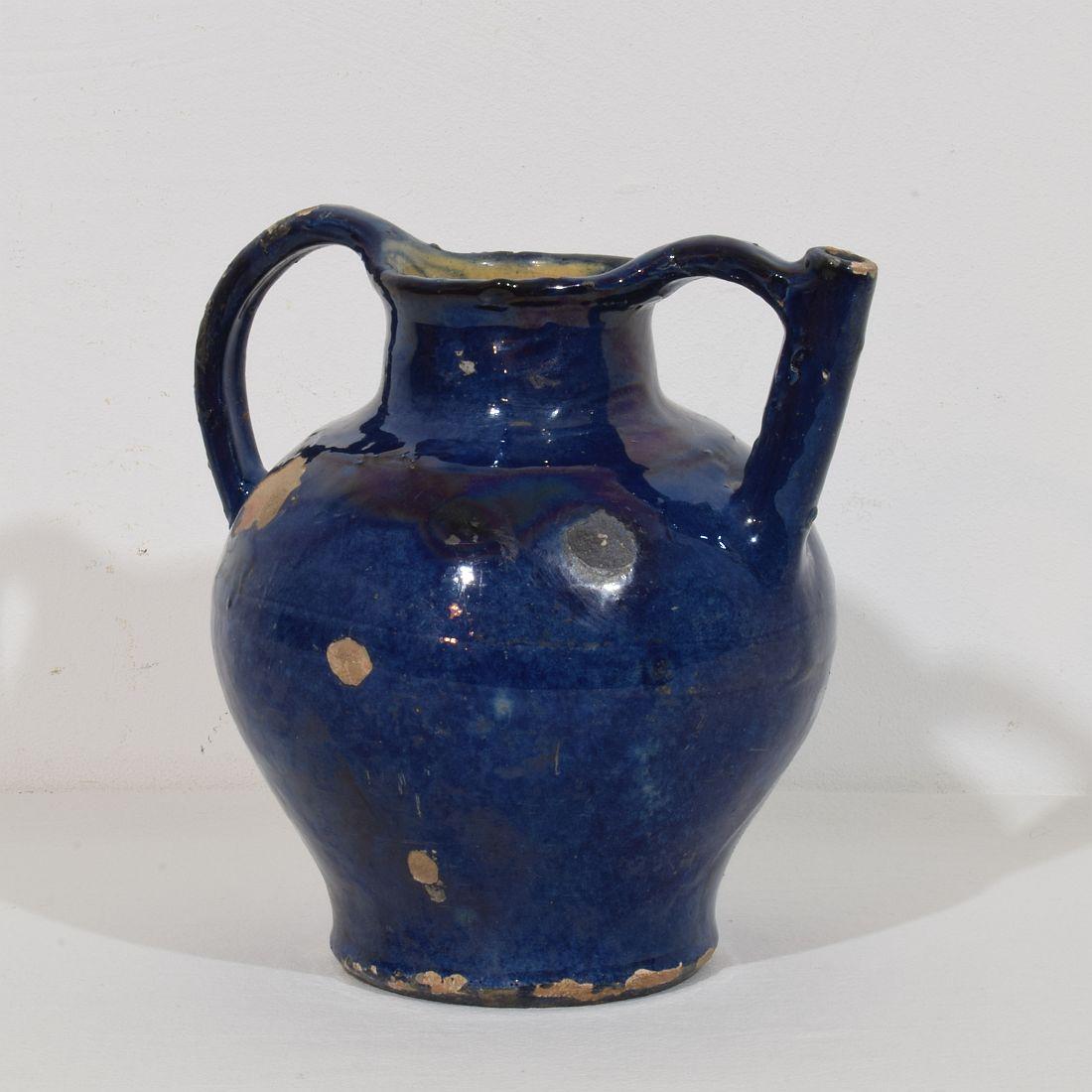 19th Century French Blue Glazed Terracotta Jug or Water Cruche For Sale 1