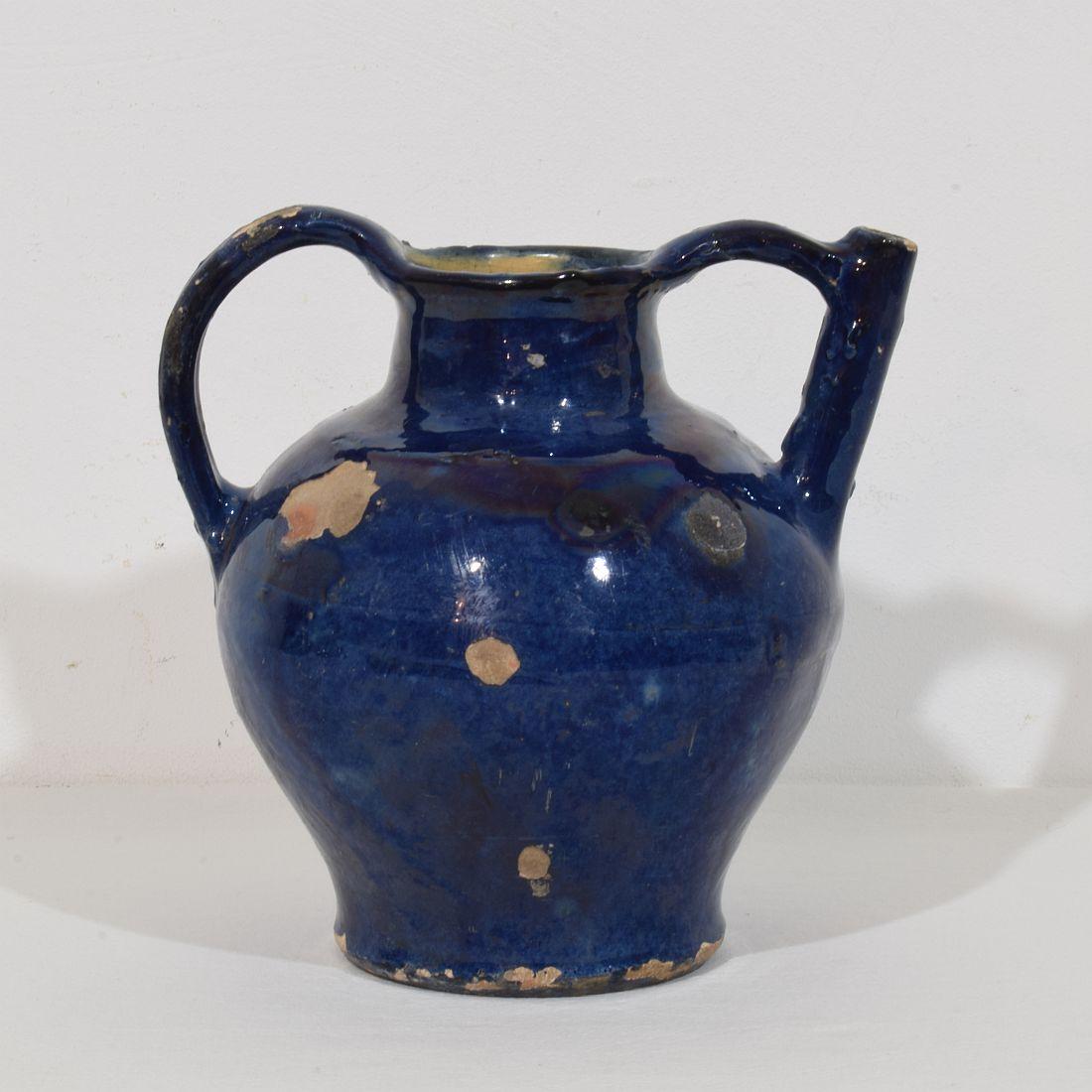 19th Century French Blue Glazed Terracotta Jug or Water Cruche For Sale 2