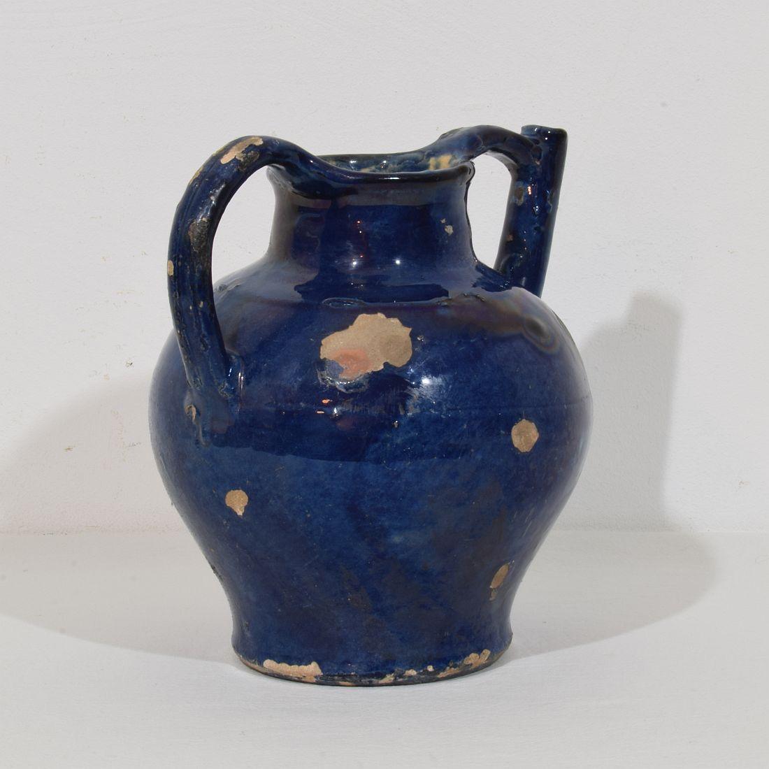 19th Century French Blue Glazed Terracotta Jug or Water Cruche For Sale 3