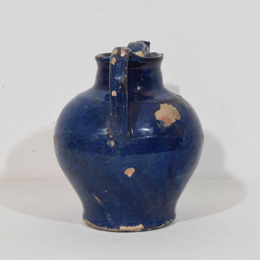 19th Century French Blue Glazed Terracotta Jug or Water Cruche For Sale 4