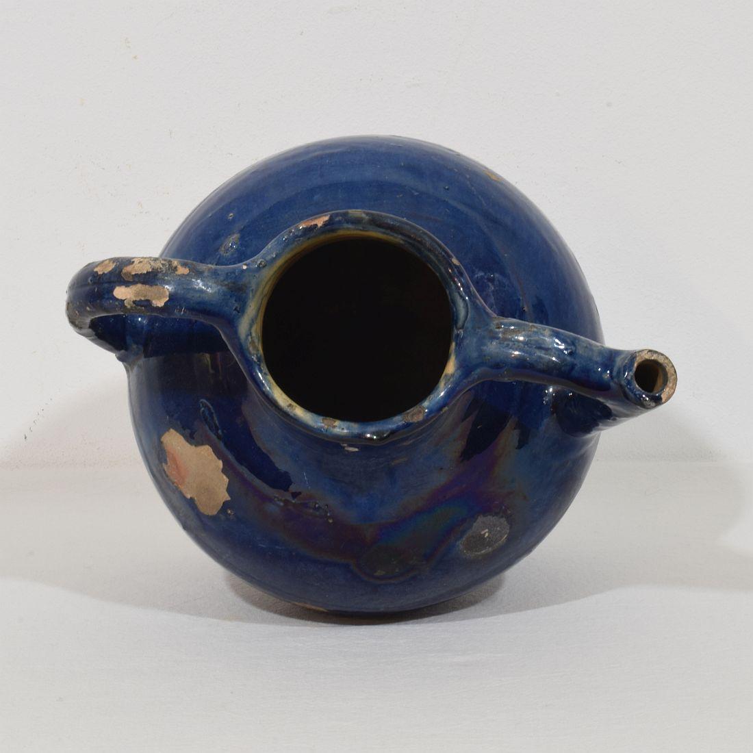 19th Century French Blue Glazed Terracotta Jug or Water Cruche For Sale 5