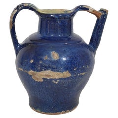 19th Century French Blue Glazed Terracotta Jug or Water Cruche