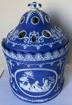 19th Century French Blue Jasperware Two-Piece Bulb Pot