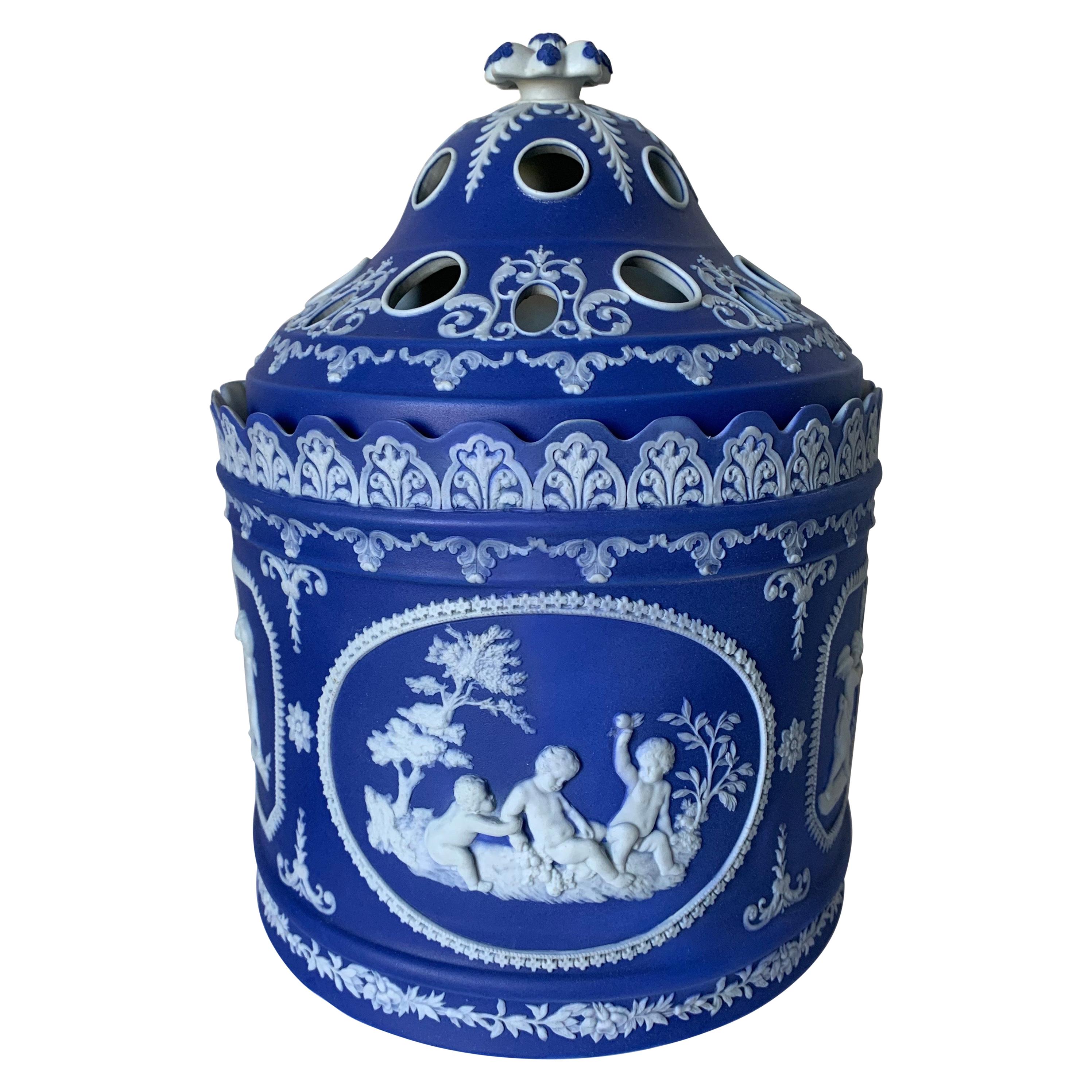 19th Century French Blue Jasperware Two-Piece Bulb Pot For Sale