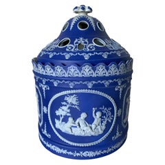 19th Century French Blue Jasperware Two-Piece Bulb Pot