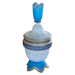 19th Century French Blue Opaline Dresser Jar with Tulip Finial