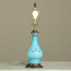 19th Century French Blue Opaline Glass Oil Lantern, Lamp