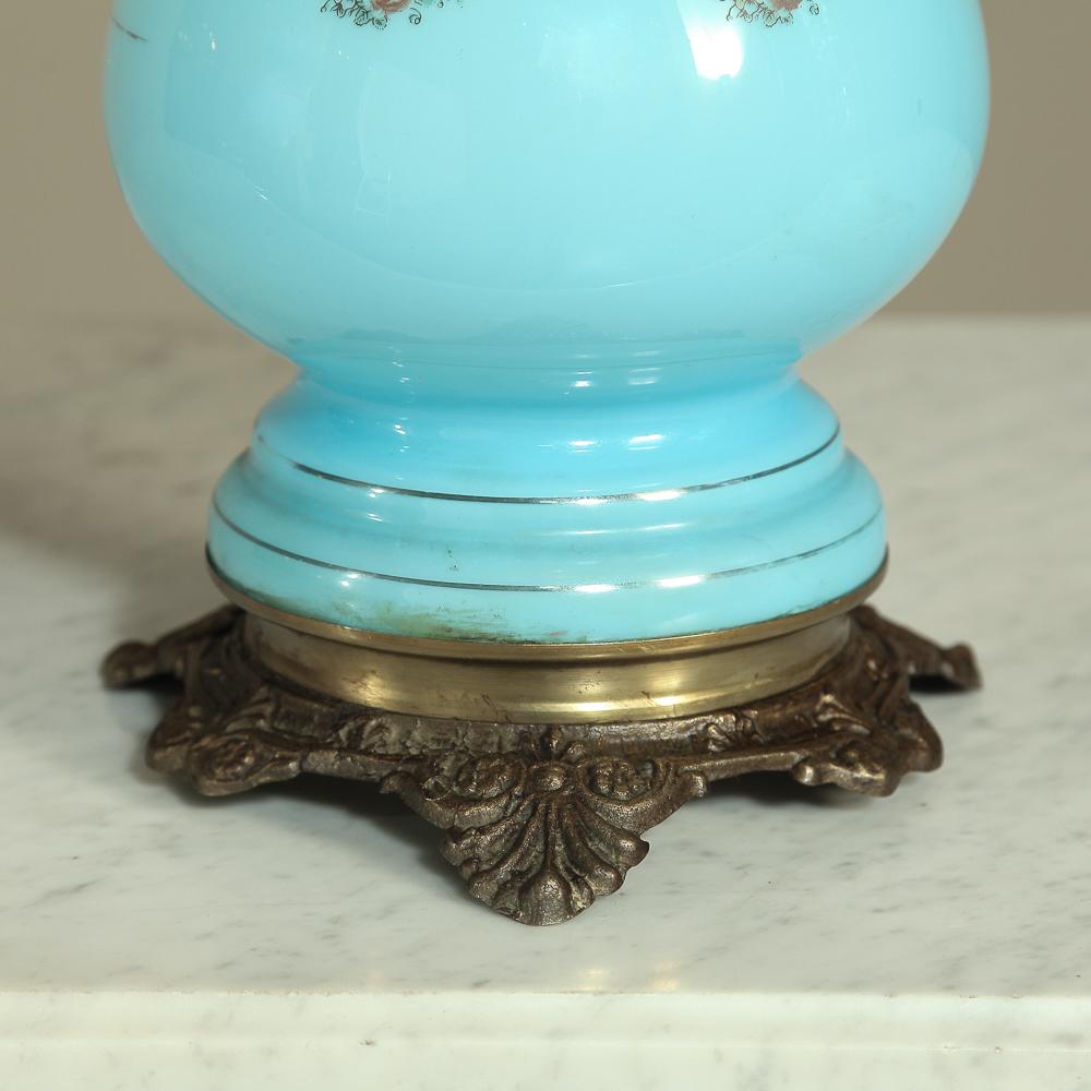 Napoleon III 19th Century French Blue Opaline Glass Oil Lantern, Lamp For Sale