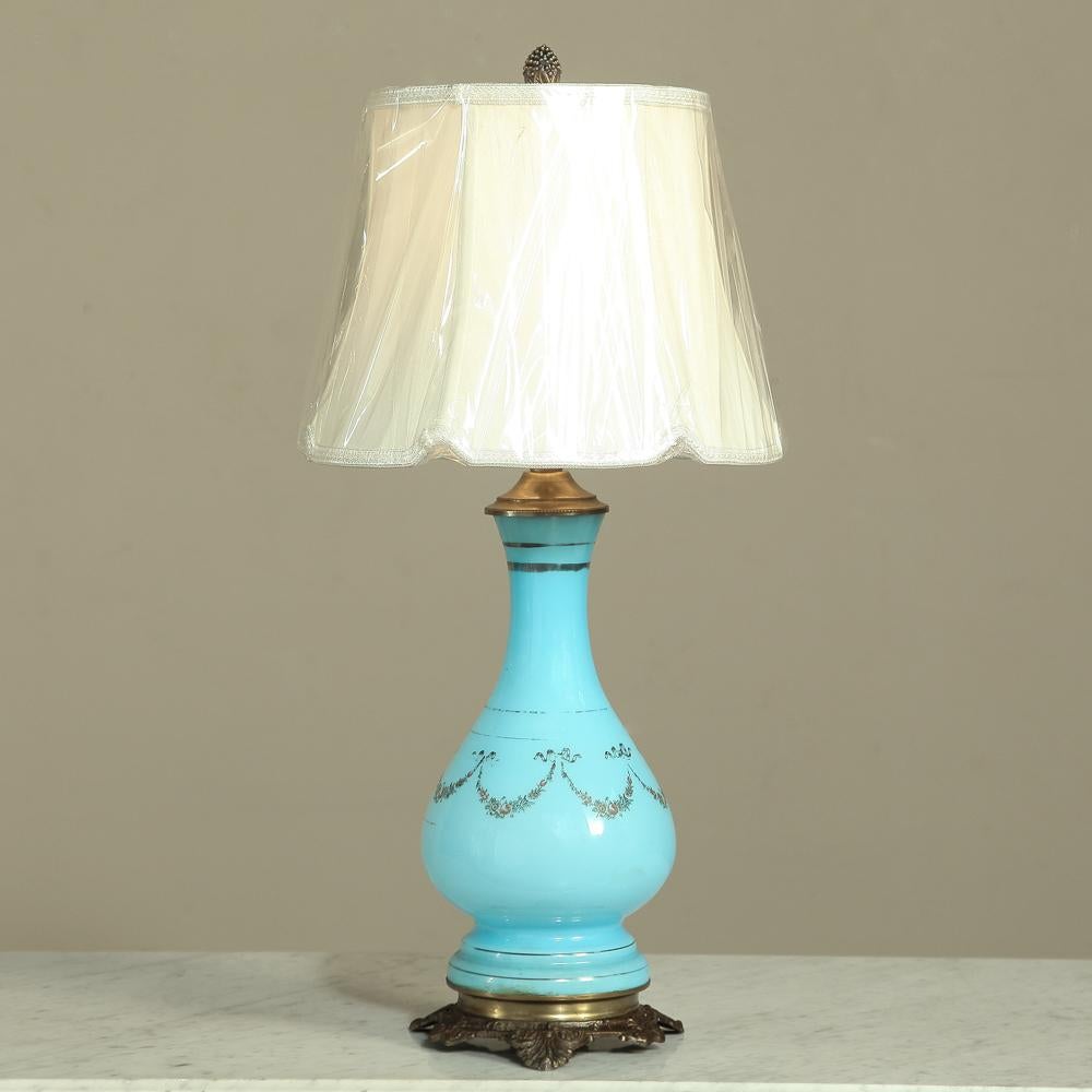Hand-Crafted 19th Century French Blue Opaline Glass Oil Lantern, Lamp For Sale