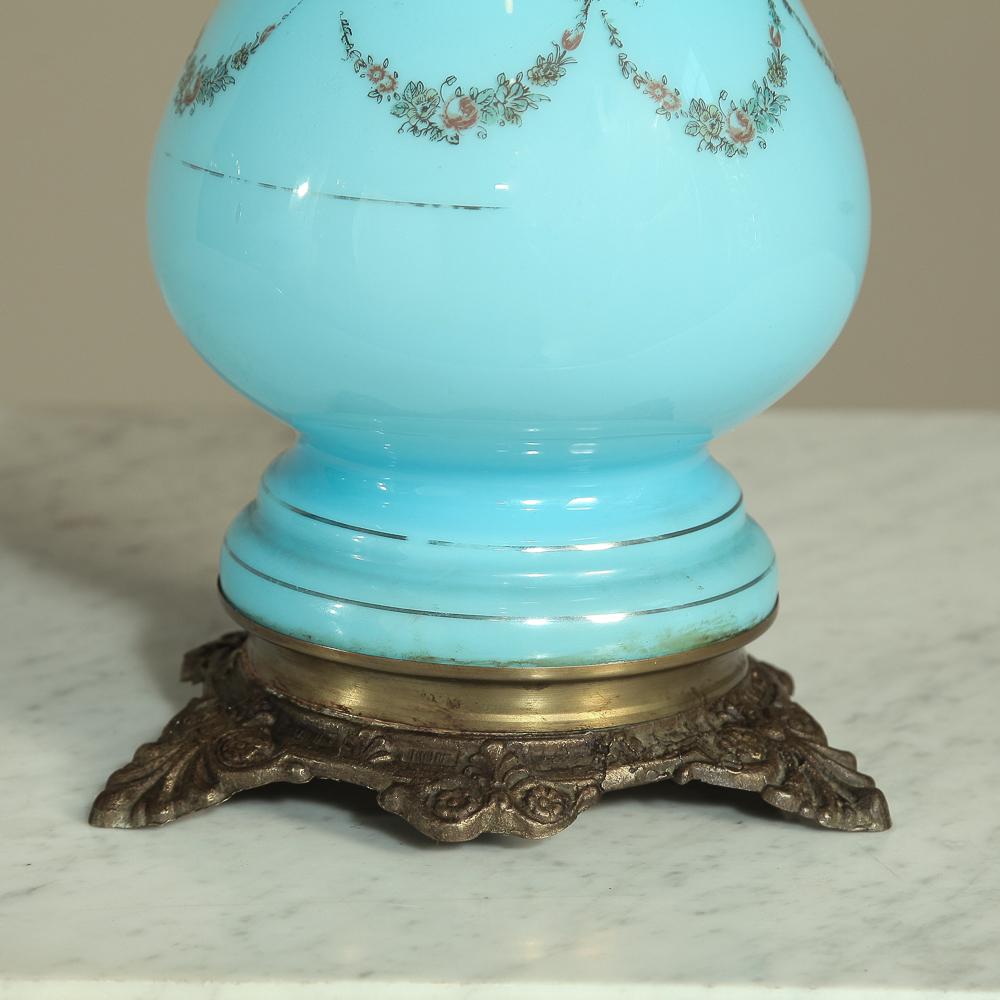 19th Century French Blue Opaline Glass Oil Lantern, Lamp In Good Condition For Sale In Dallas, TX