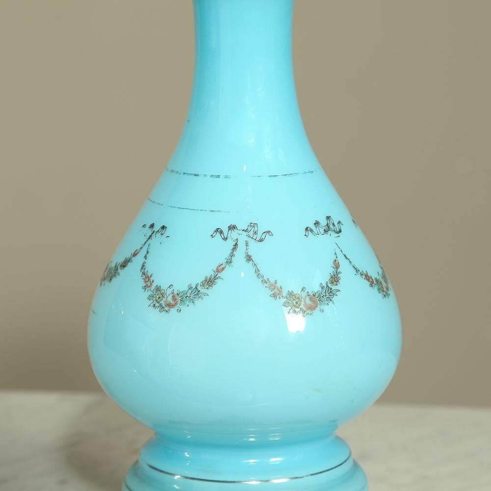 19th Century French Blue Opaline Glass Oil Lantern, Lamp For Sale 1