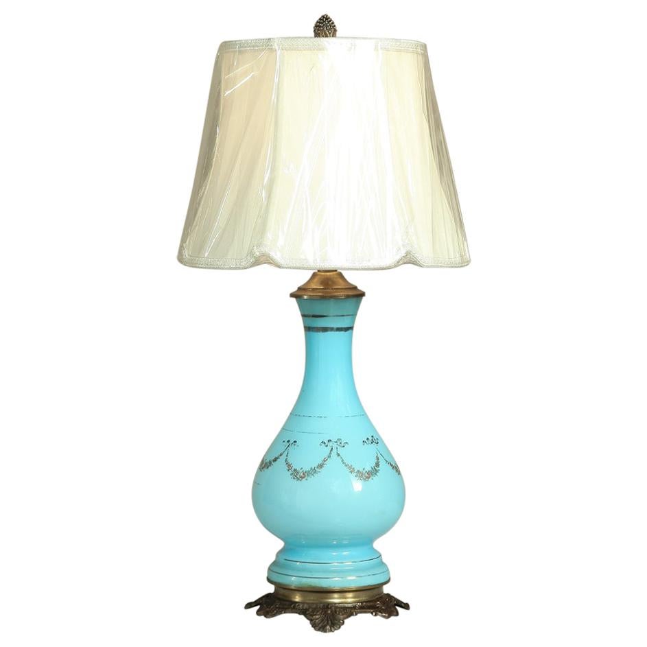 19th Century French Blue Opaline Glass Oil Lantern, Lamp For Sale