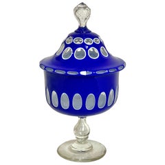 Antique 19th Century French Blue Overlay Crystal Sweet Jar