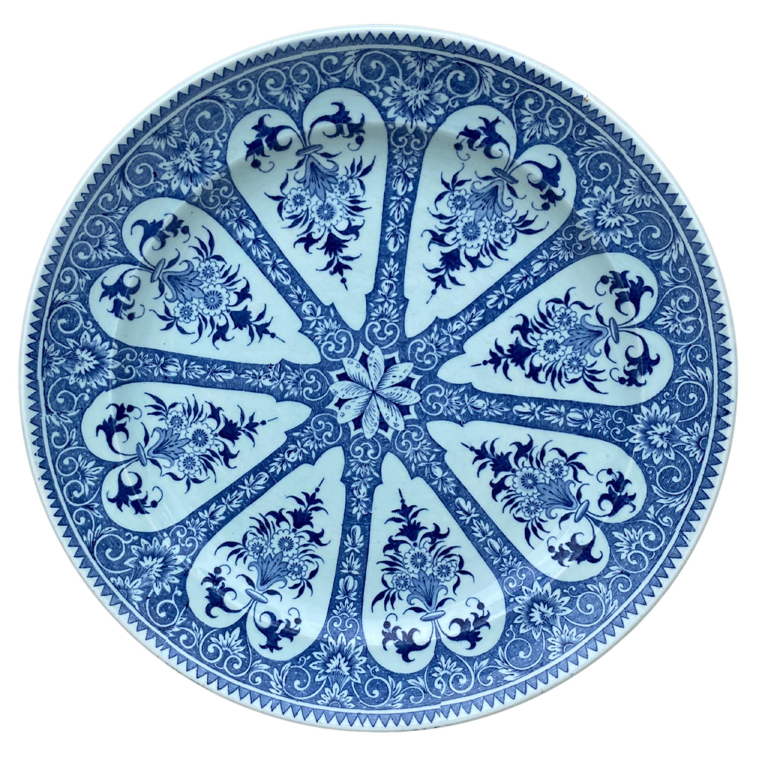 19th Century French Blue & White Faience Dinner Plate Sarreguemines For Sale