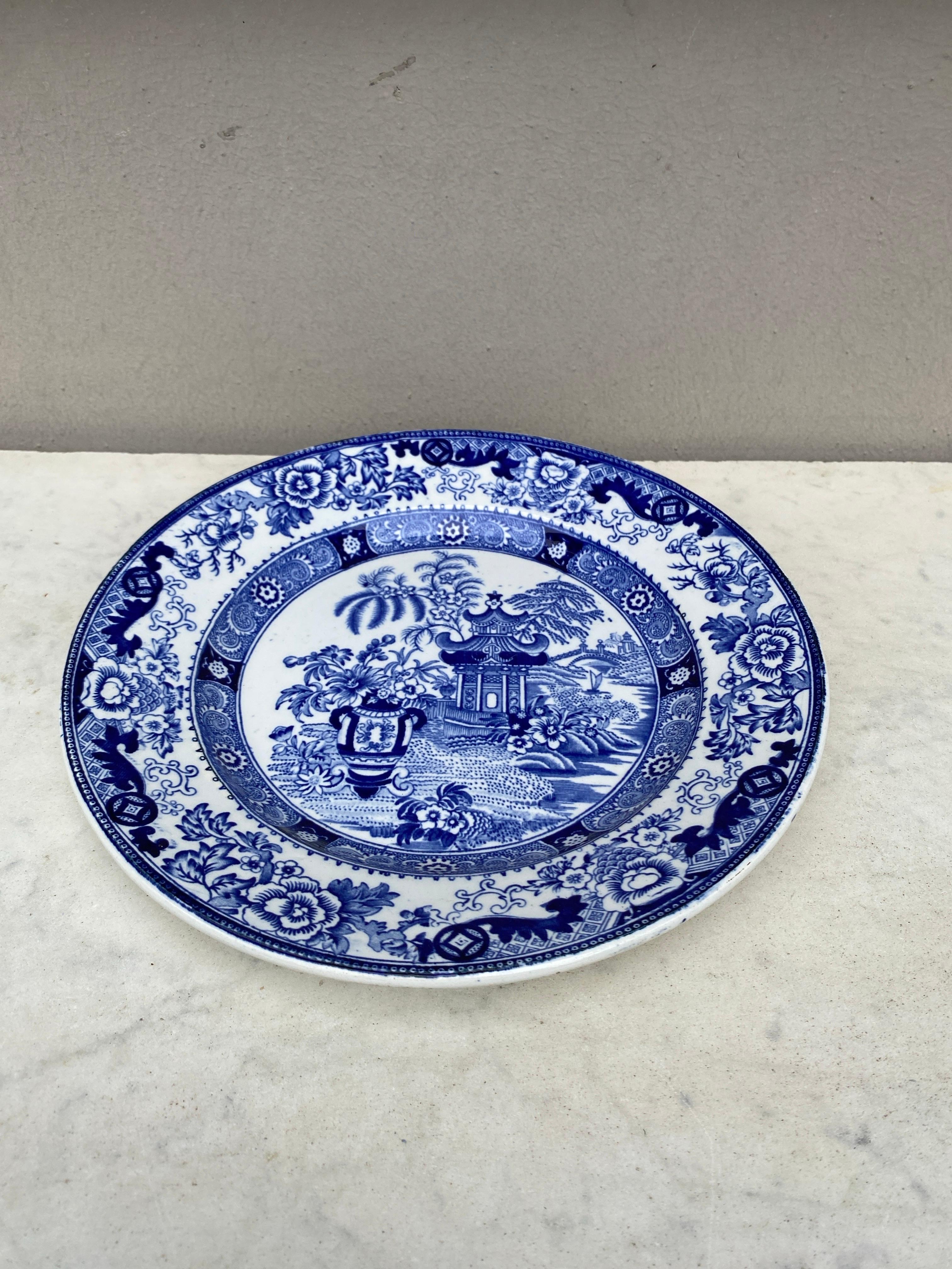 19th Century French Blue & White Pagoda Plate signed Creil et Montereau.
9 inches diameter.