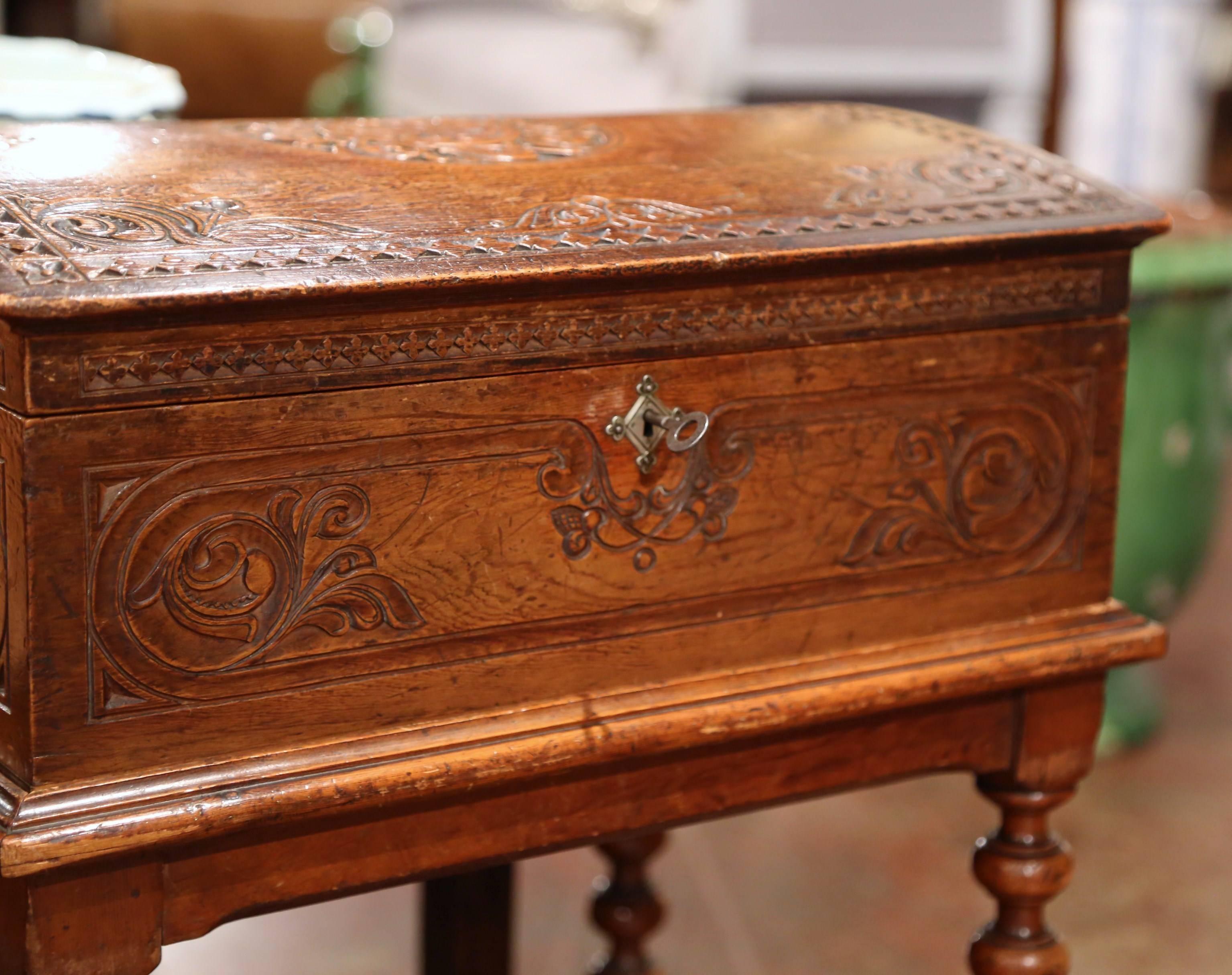 Oak 19th Century French Bombe Carved Chest on Turned Legs Base from Normandy