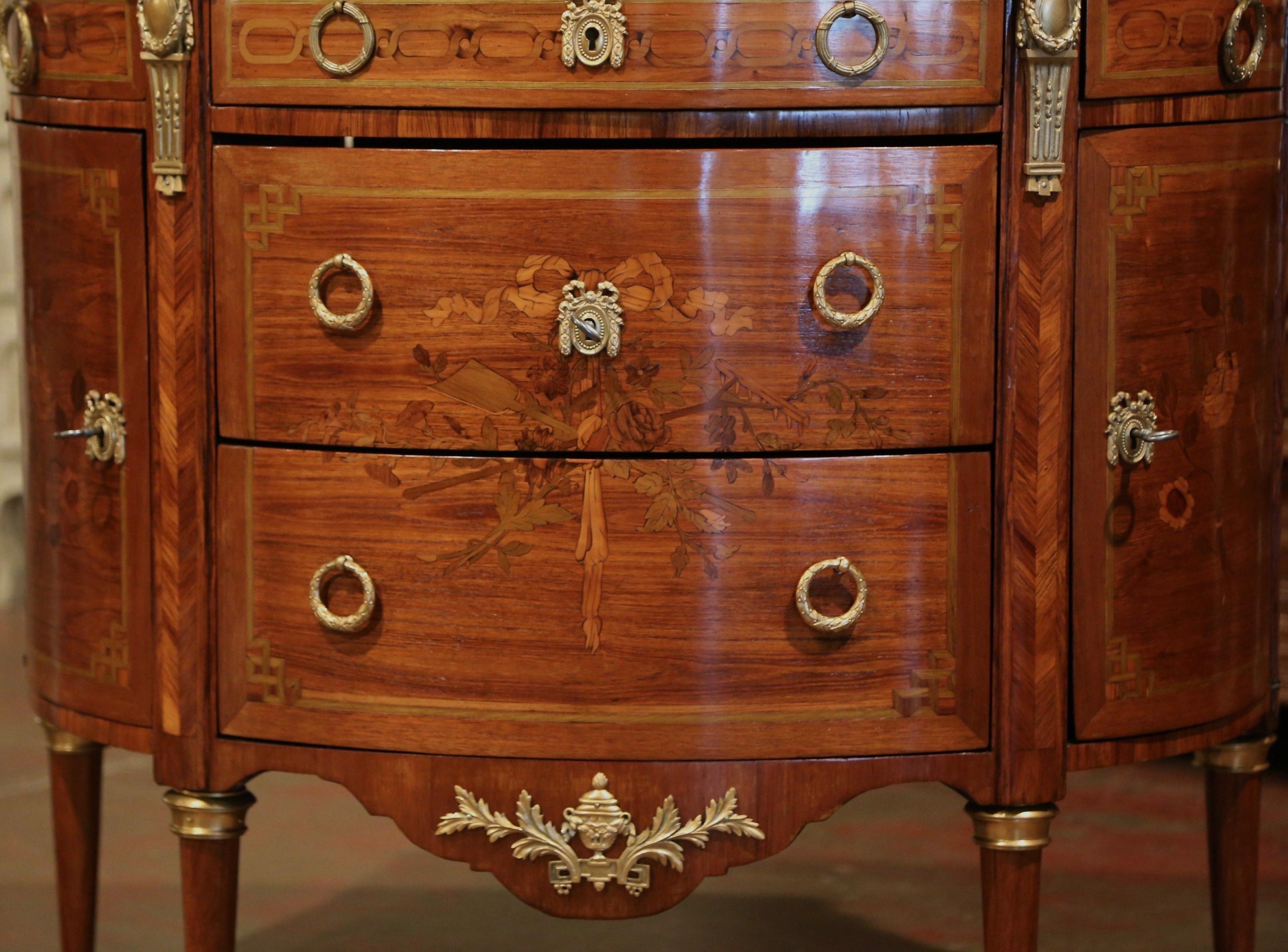 19th Century French Bombe Demilune Marquetry and Bronze Commode with Marble Top 6