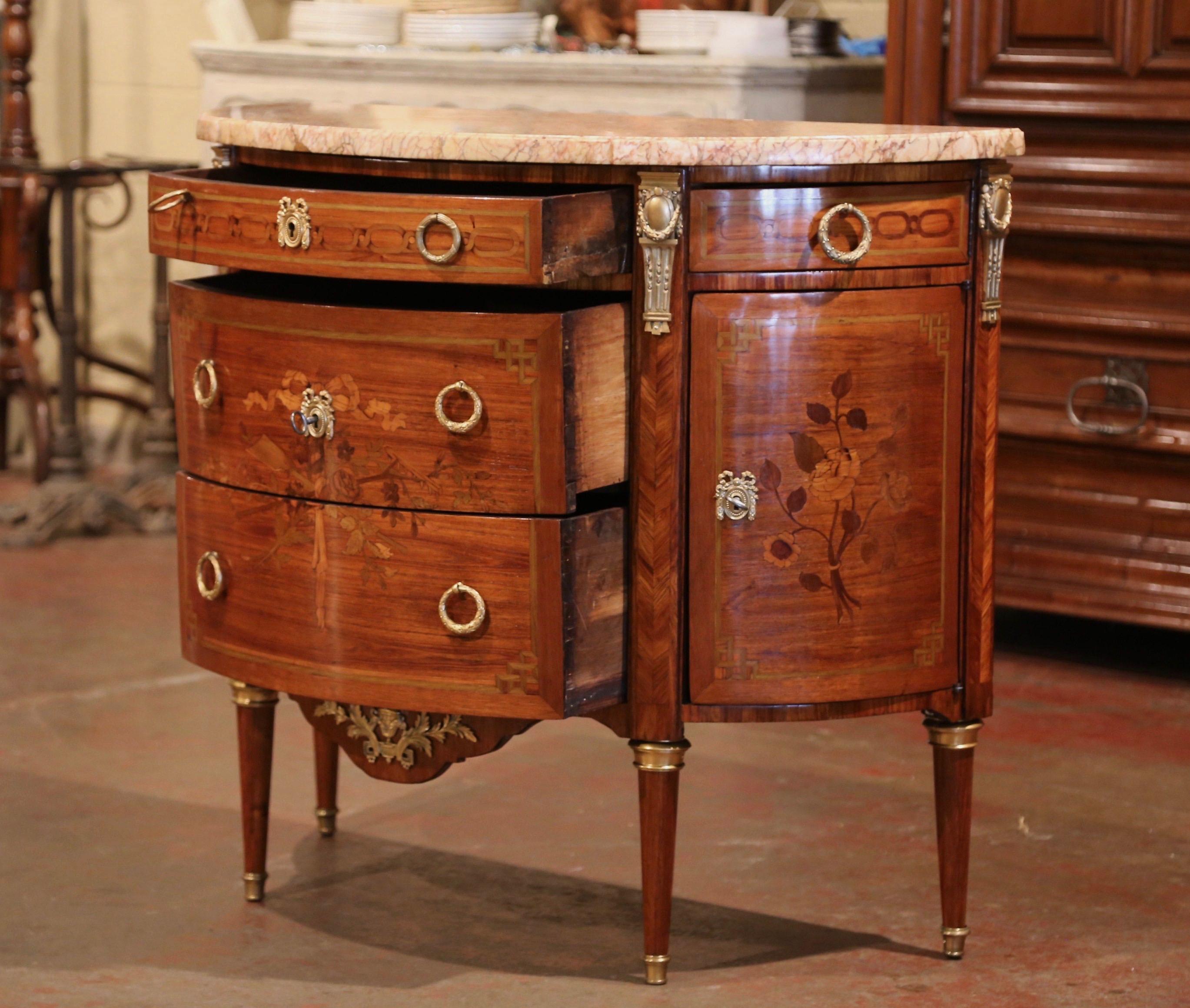 Hand-Carved 19th Century French Bombe Demilune Marquetry and Bronze Commode with Marble Top