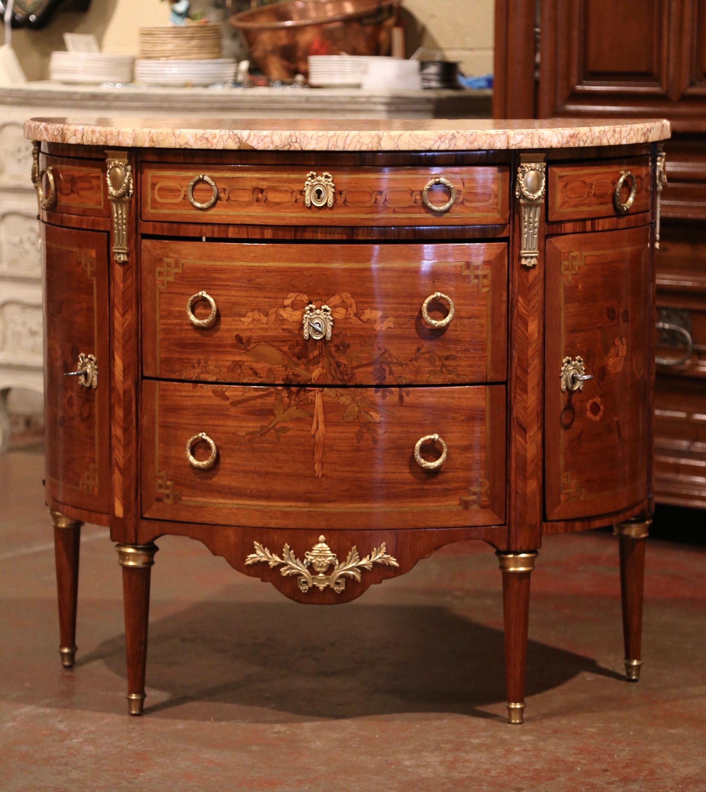 19th Century French Bombe Demilune Marquetry and Bronze Commode with Marble Top In Excellent Condition In Dallas, TX