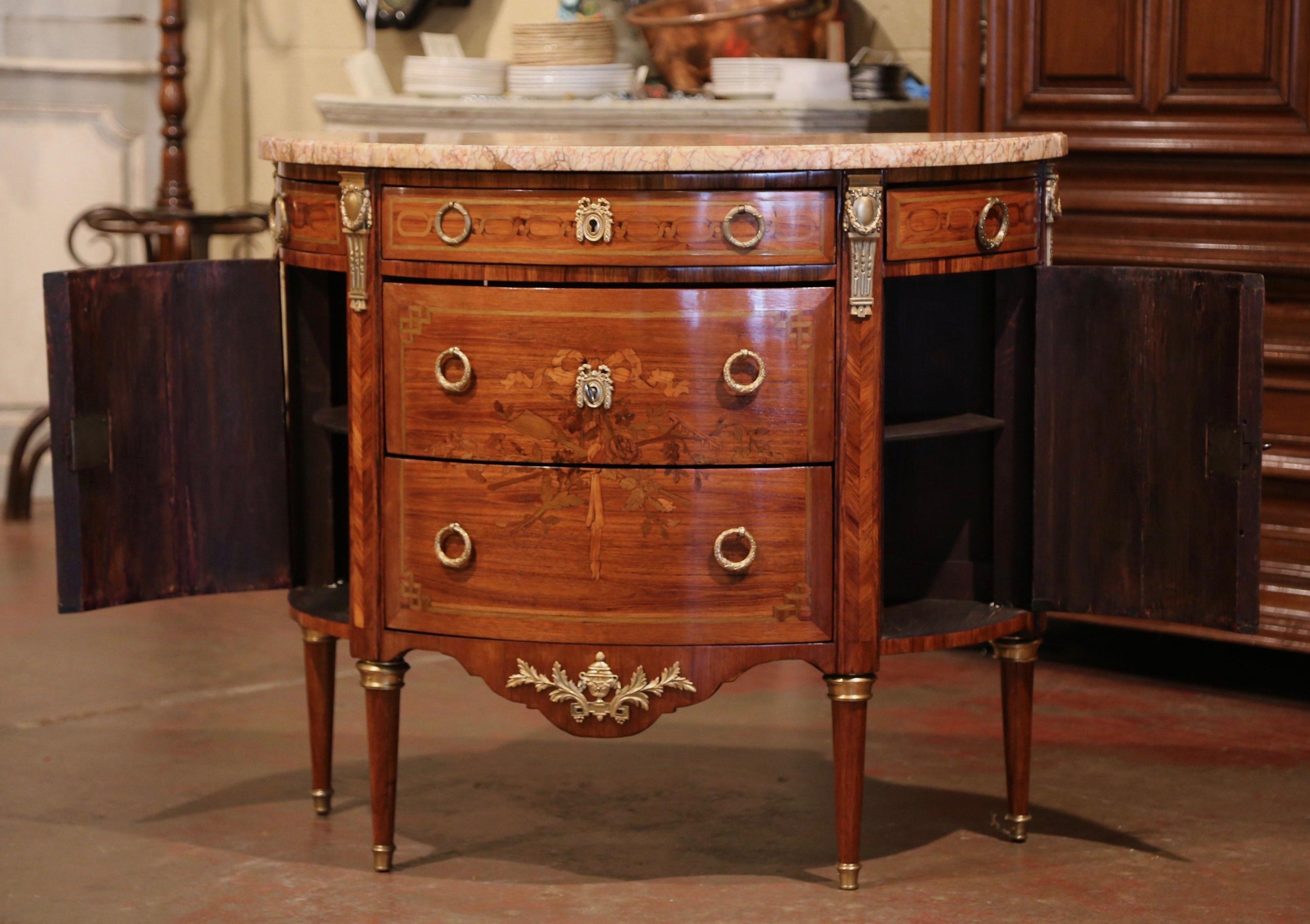 19th Century French Bombe Demilune Marquetry and Bronze Commode with Marble Top 2