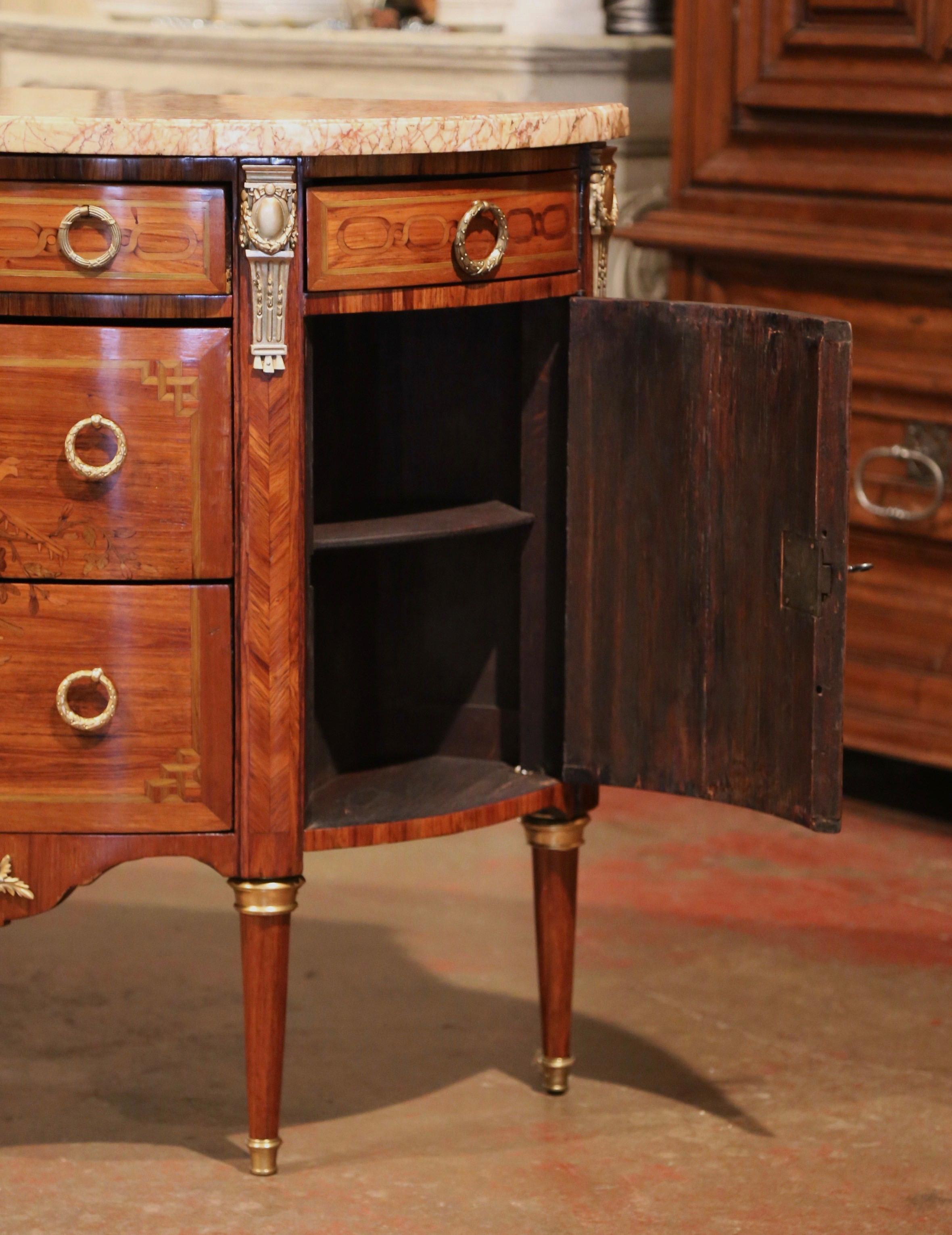 19th Century French Bombe Demilune Marquetry and Bronze Commode with Marble Top 3