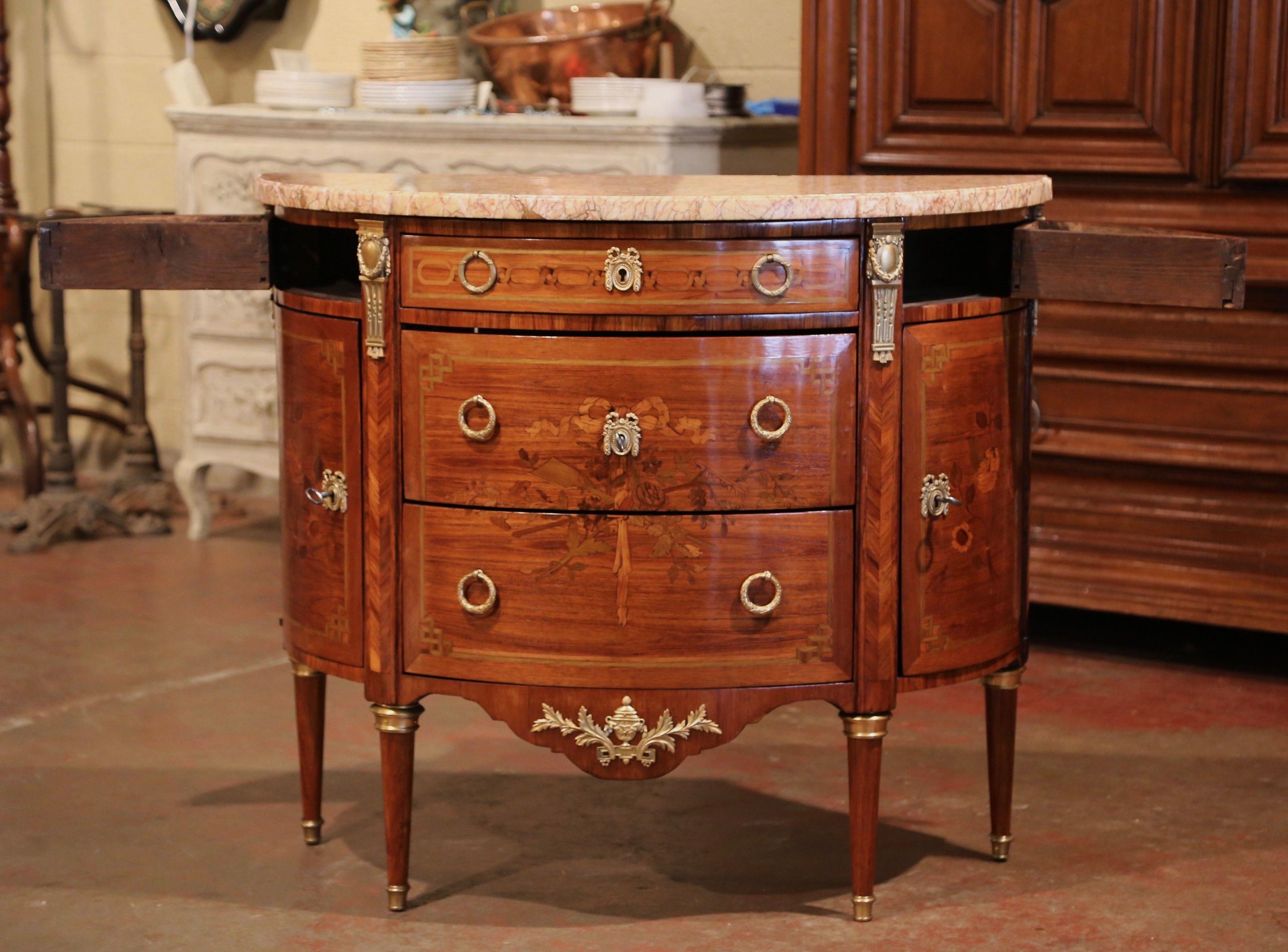 19th Century French Bombe Demilune Marquetry and Bronze Commode with Marble Top 4