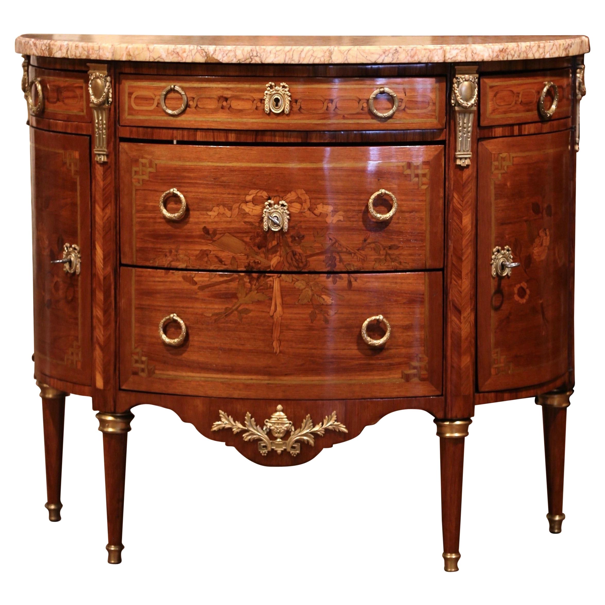 19th Century French Bombe Demilune Marquetry and Bronze Commode with Marble Top