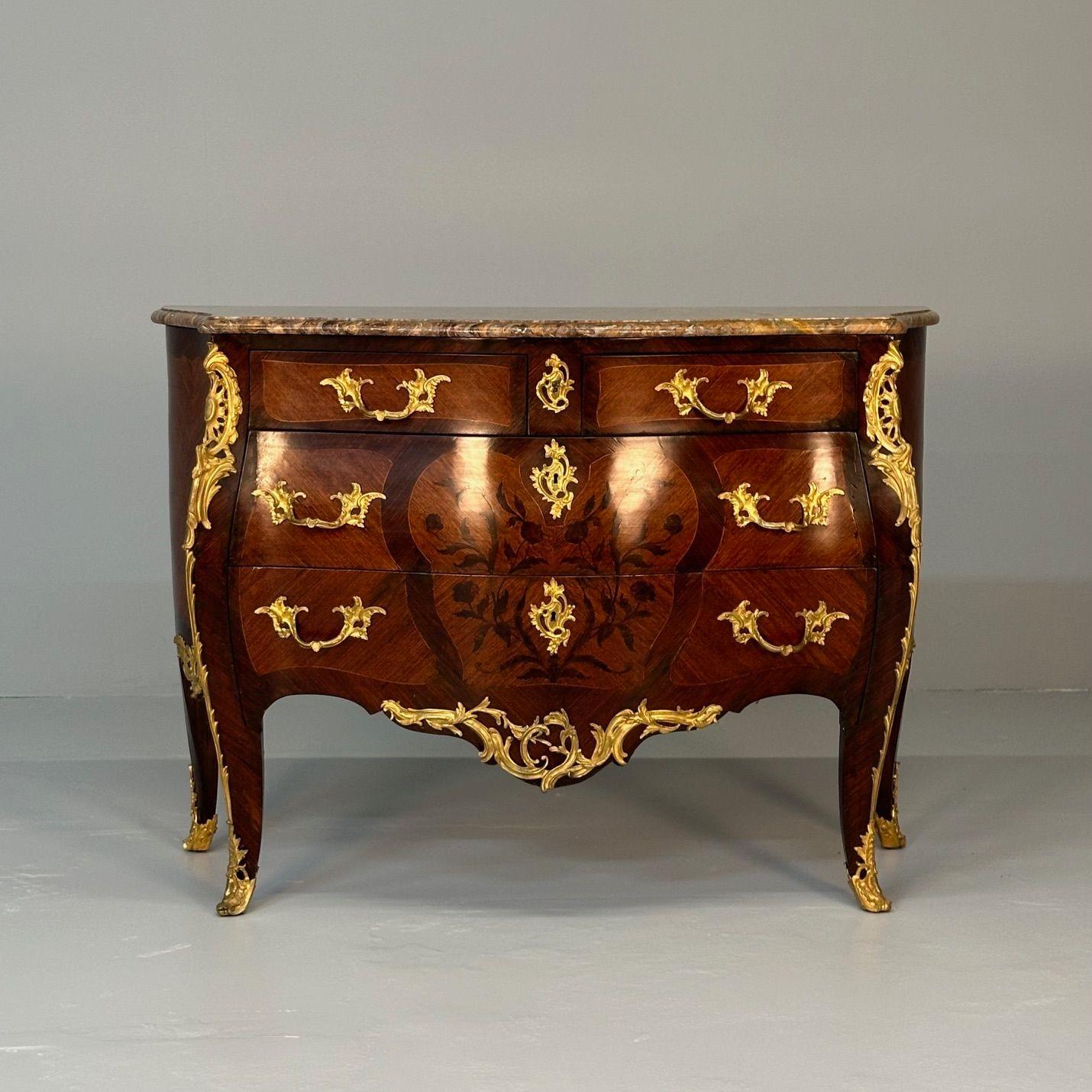 19th Century French Bombe Louis XV Style Marble Top Commode with Floral Inlays, Professionally refinished

19th century French Bombe Louis XV style marble-top commode with floral inlays. Fully restored and refinished to its original luster this