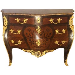 19th Century French Bombe Louis XV Style Marble Top Commode with Floral Inlays