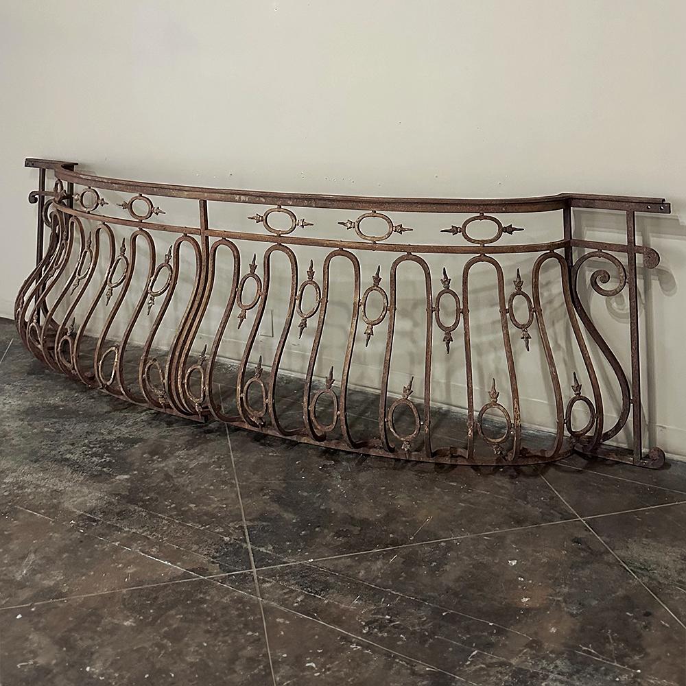 19th Century French Bombe Wrought Iron Balcony Rail ~ Baluster Rail is a marvel of the metalsmith's art!  Meticulously forged from red-hot iron, it features a convex form called bombe in France, with the design taking both horizontal and vertical