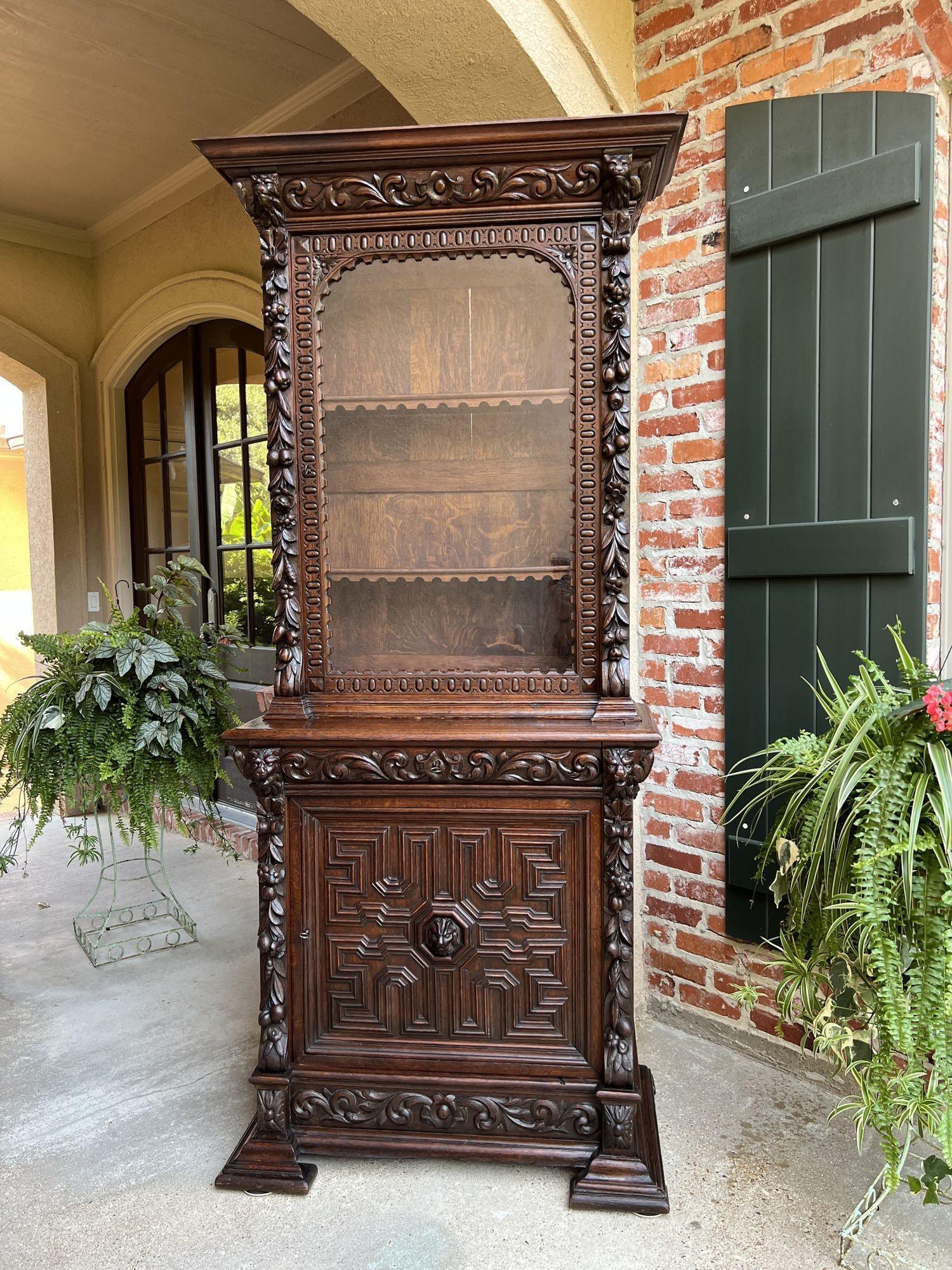 Antique French Bookcase Cabinet Carved Oak Black Forest Renaissance Glass For Sale 9