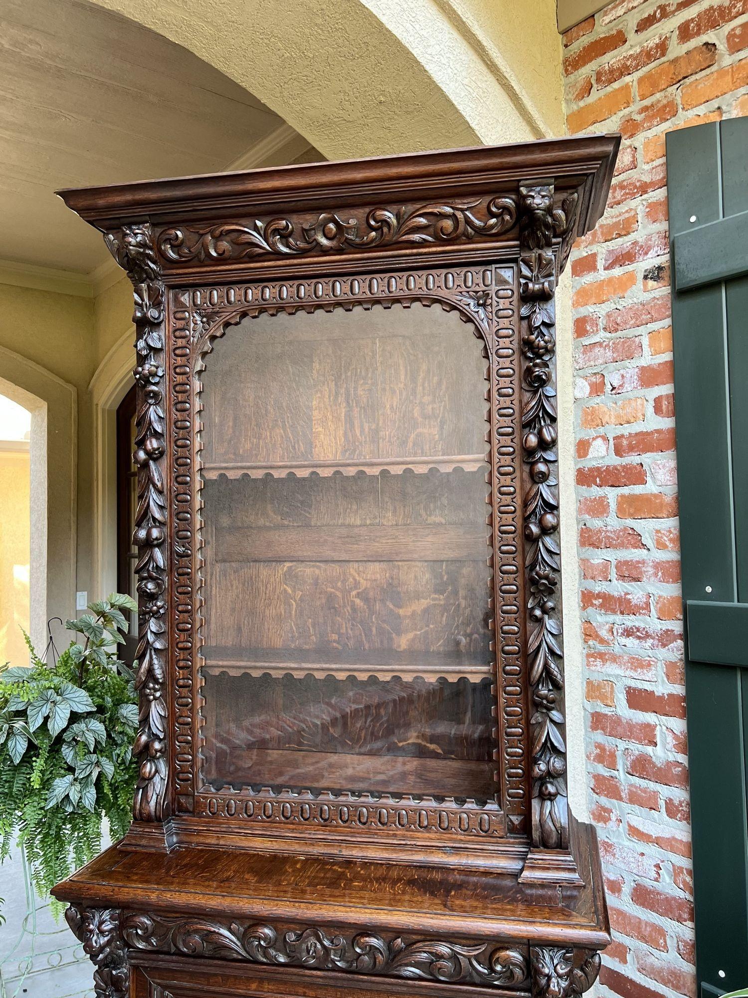 Antique French Bookcase Cabinet Carved Oak Black Forest Renaissance Glass For Sale 10