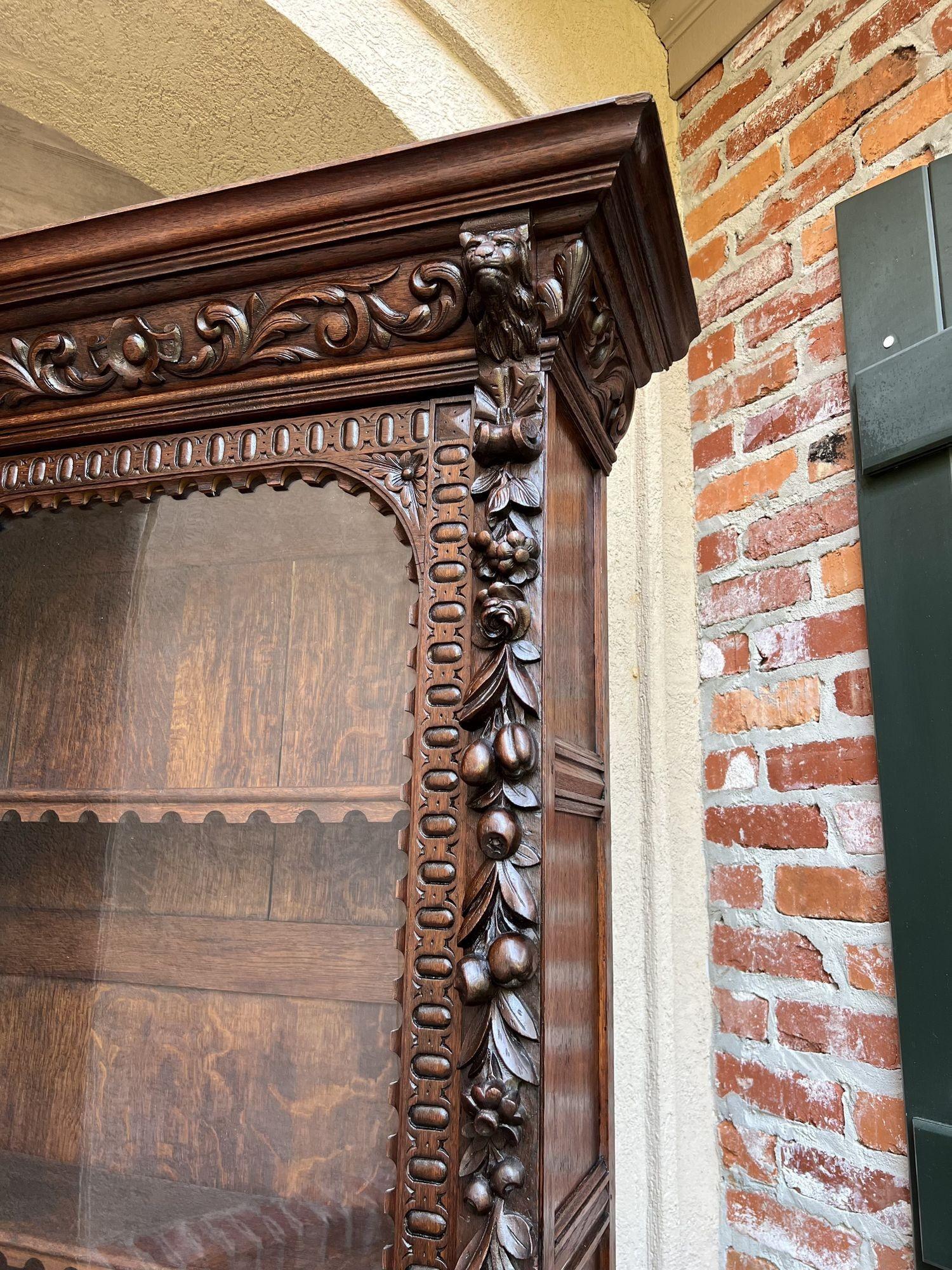 Antique French Bookcase Cabinet Carved Oak Black Forest Renaissance Glass For Sale 13