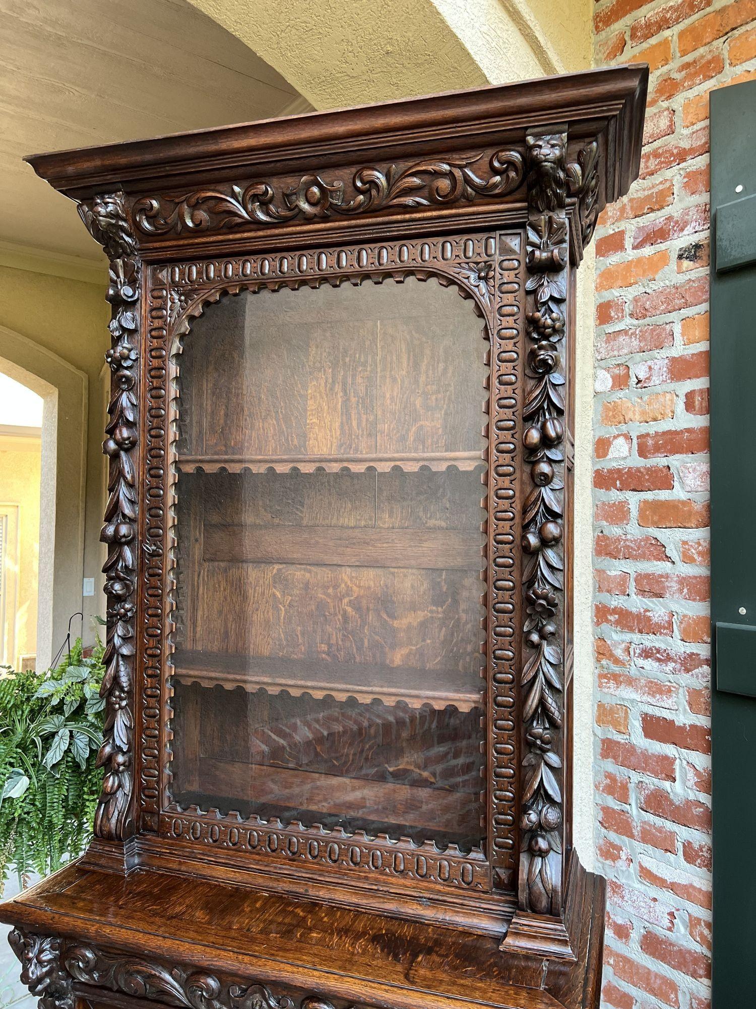 Hand-Carved Antique French Bookcase Cabinet Carved Oak Black Forest Renaissance Glass For Sale