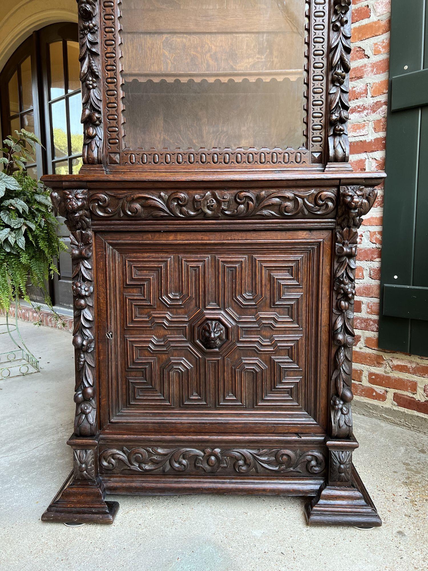 Antique French Bookcase Cabinet Carved Oak Black Forest Renaissance Glass In Good Condition For Sale In Shreveport, LA
