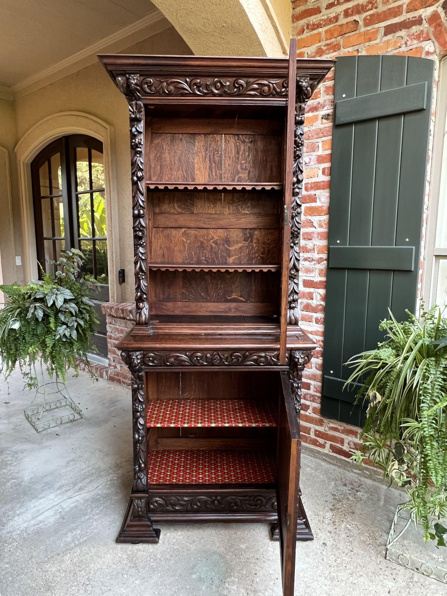 Antique French Bookcase Cabinet Carved Oak Black Forest Renaissance Glass For Sale 2