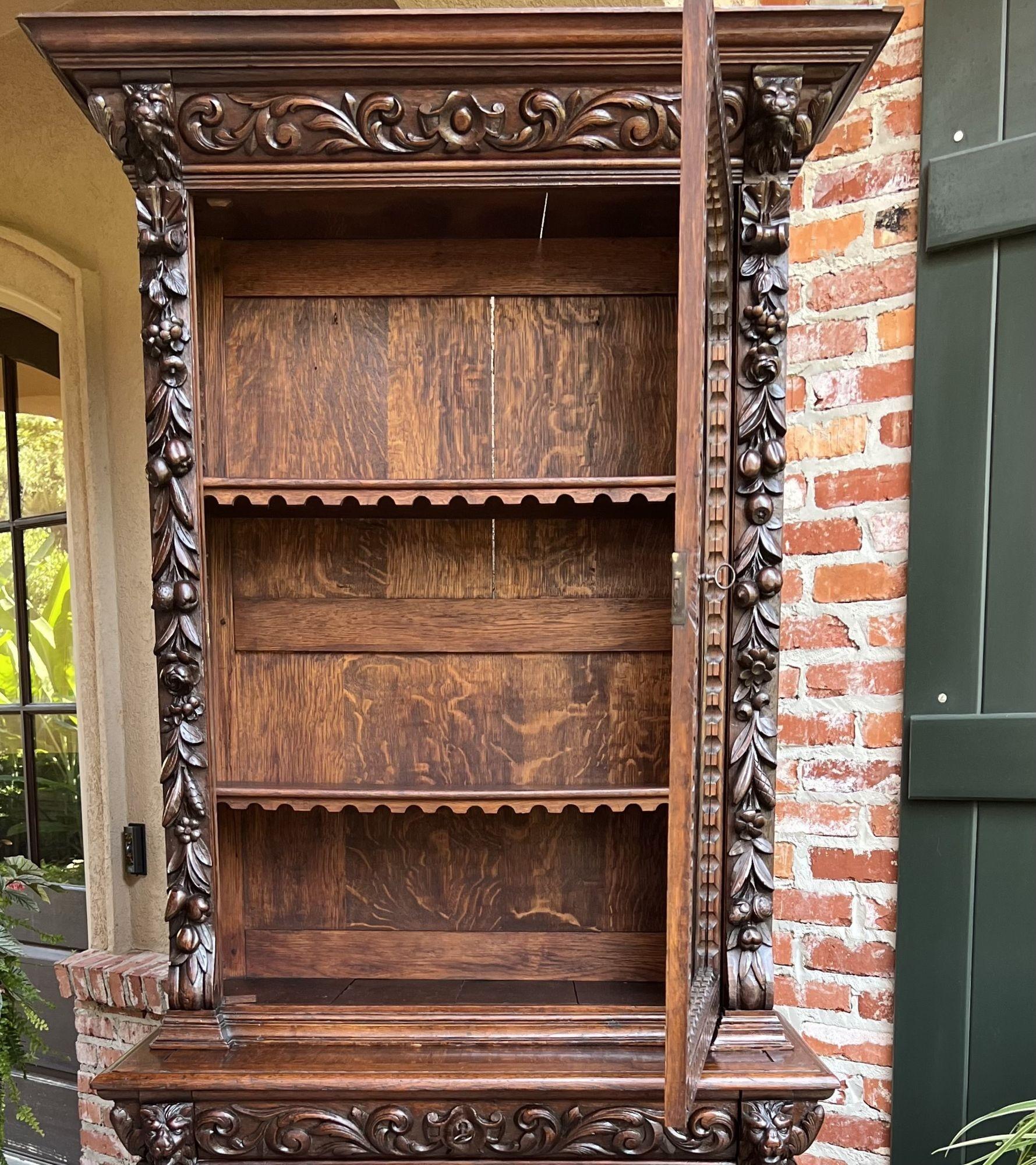 Antique French Bookcase Cabinet Carved Oak Black Forest Renaissance Glass For Sale 3