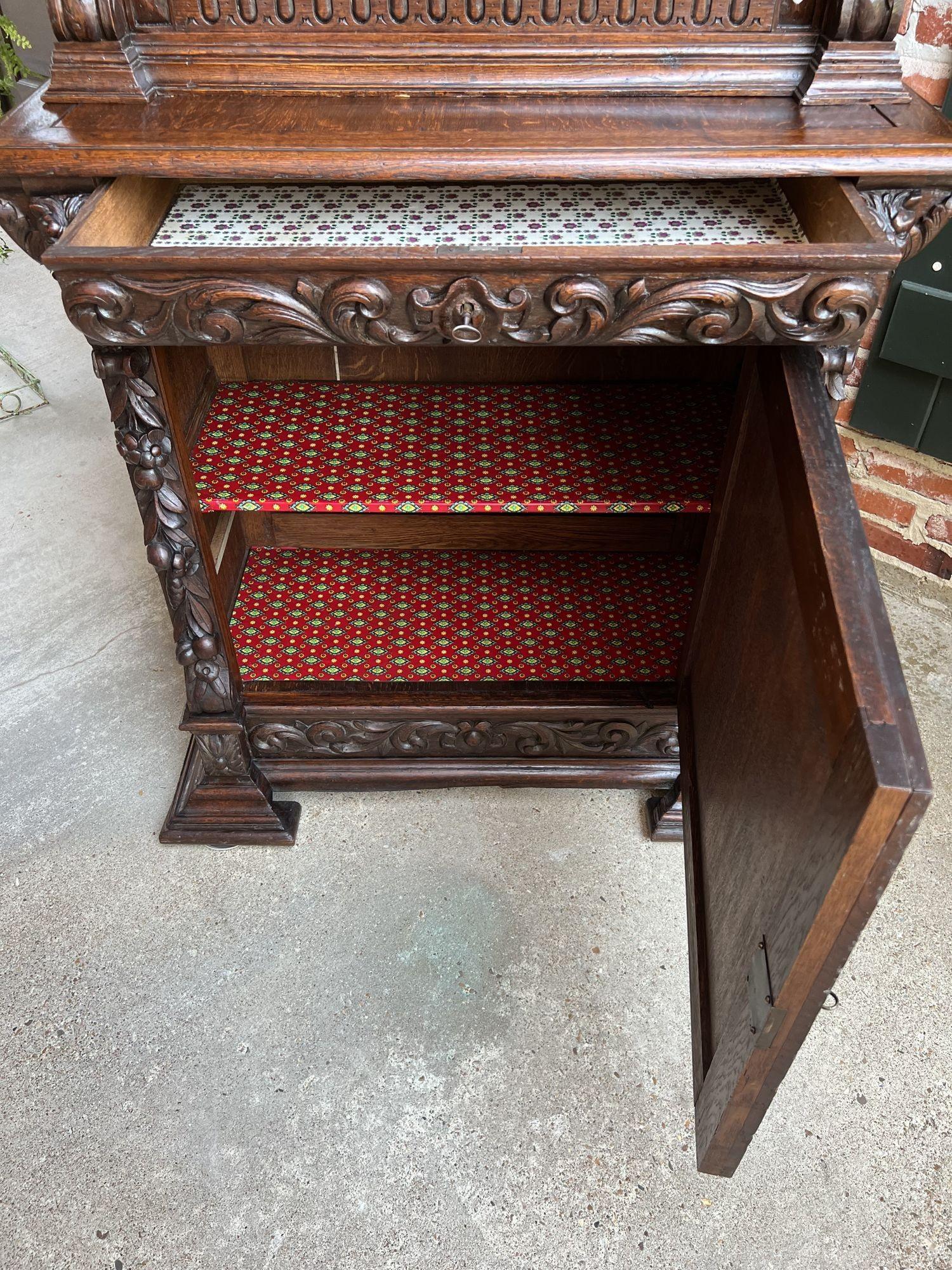 Antique French Bookcase Cabinet Carved Oak Black Forest Renaissance Glass For Sale 4