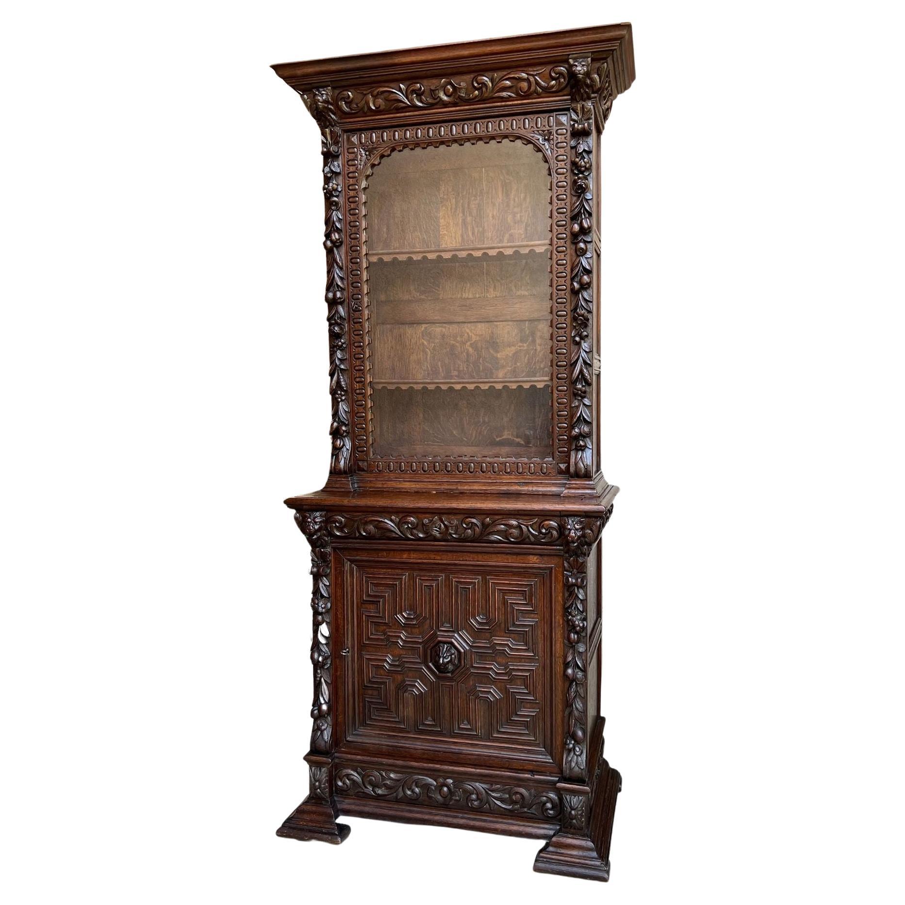 Antique French Bookcase Cabinet Carved Oak Black Forest Renaissance Glass