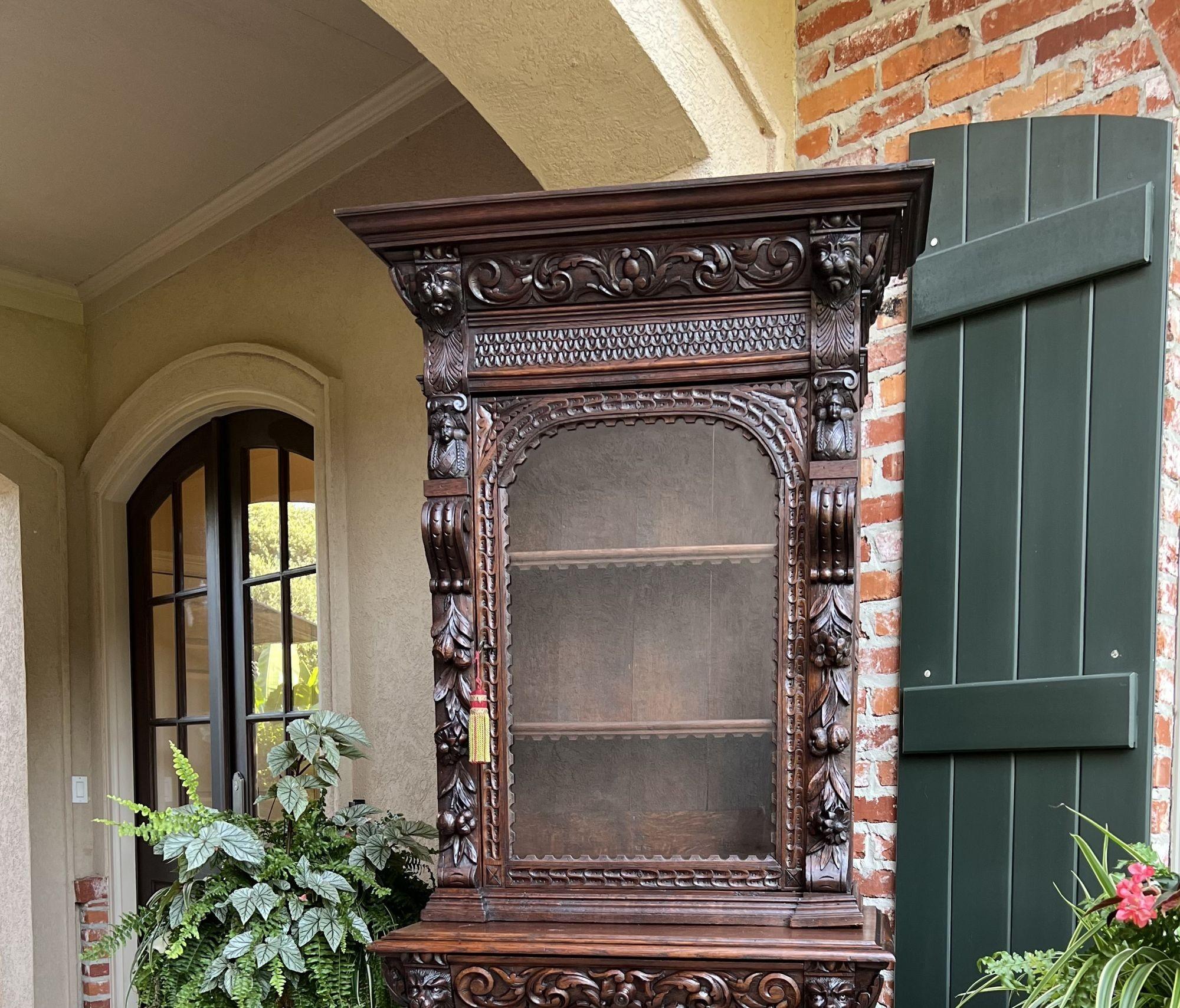 French Provincial 19th Century French Bookcase Hunt Cabinet Oak Black Forest Renaissance Display