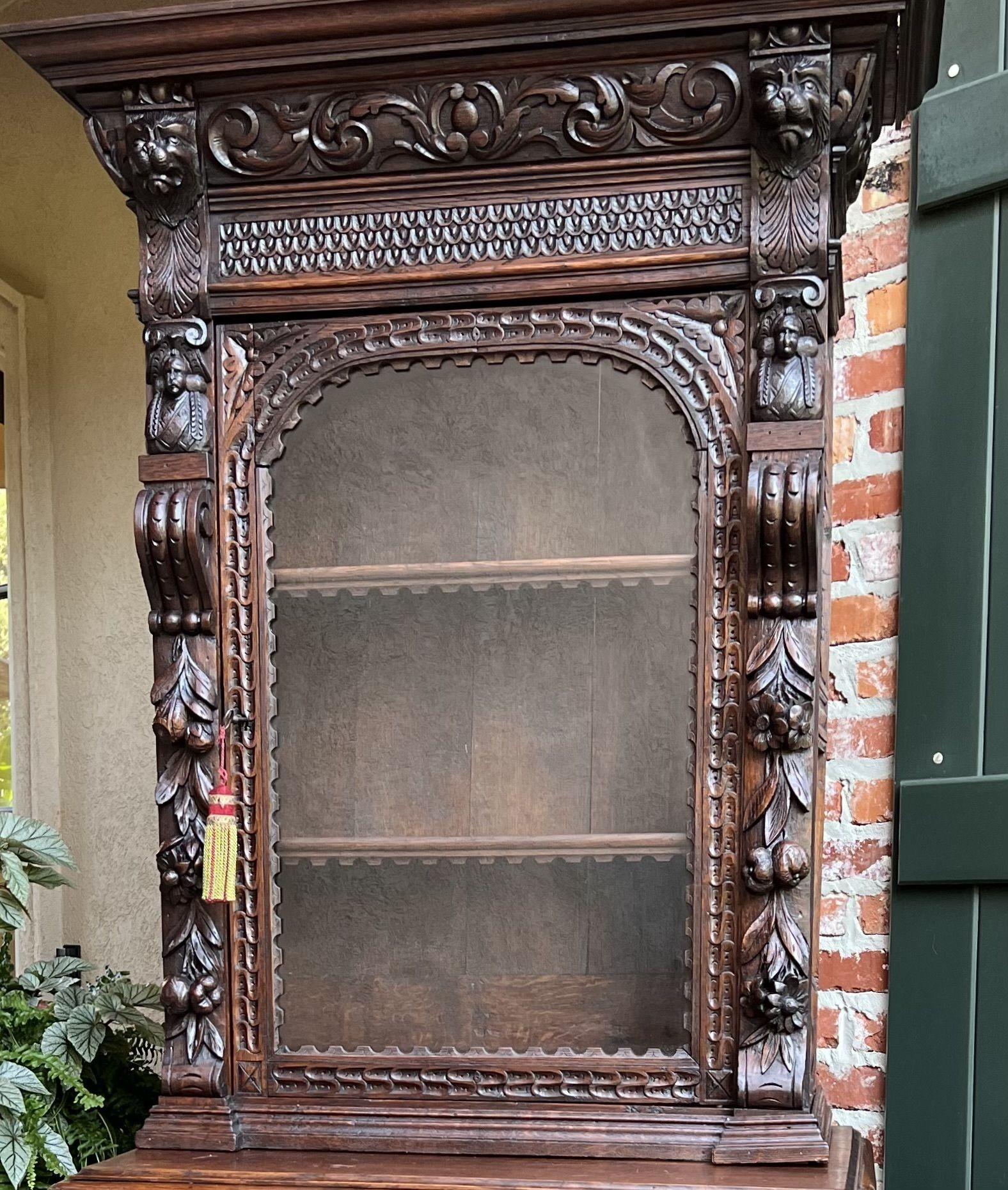 Hand-Carved 19th Century French Bookcase Hunt Cabinet Oak Black Forest Renaissance Display