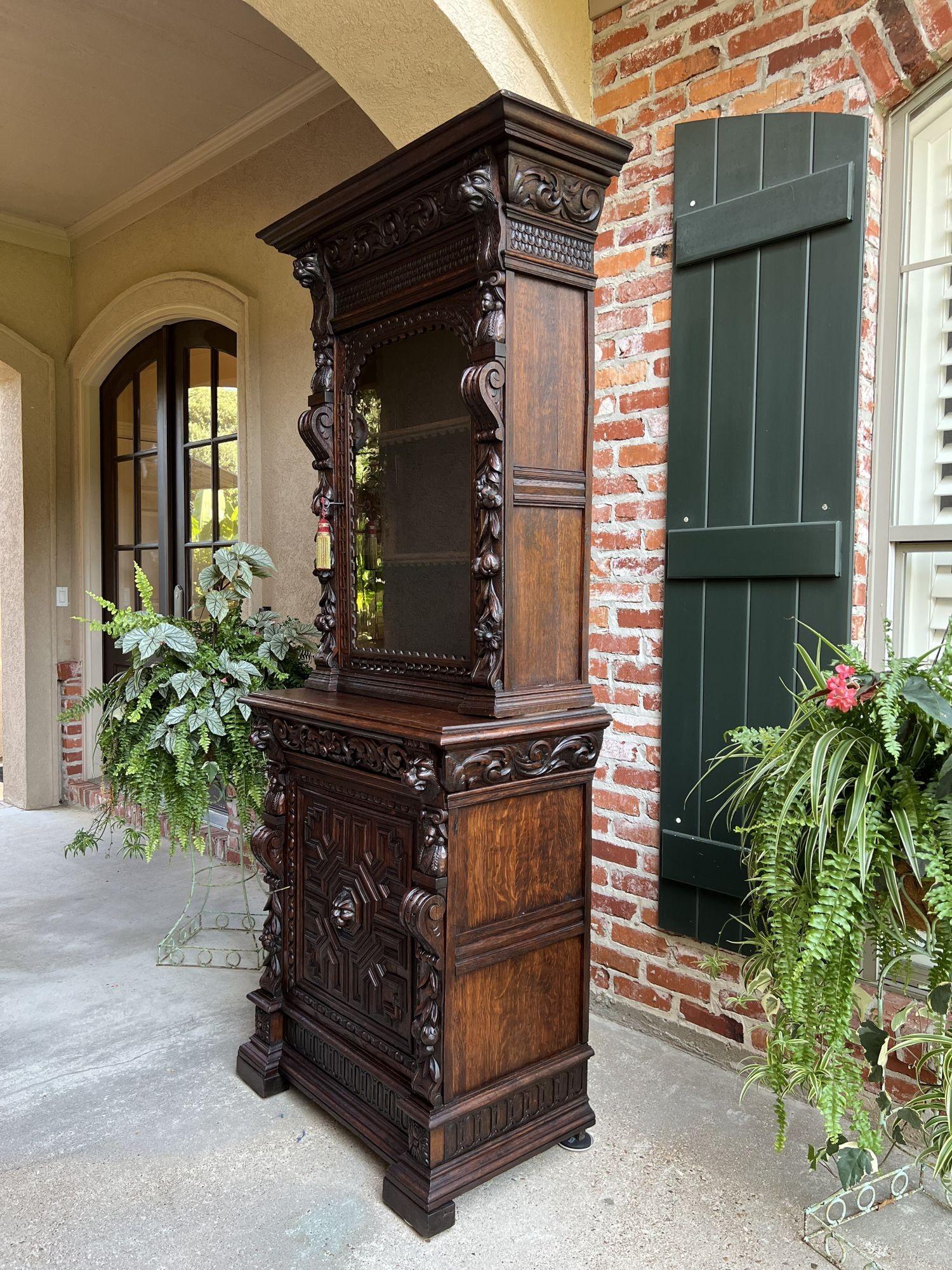 19th Century French Bookcase Hunt Cabinet Oak Black Forest Renaissance Display 1