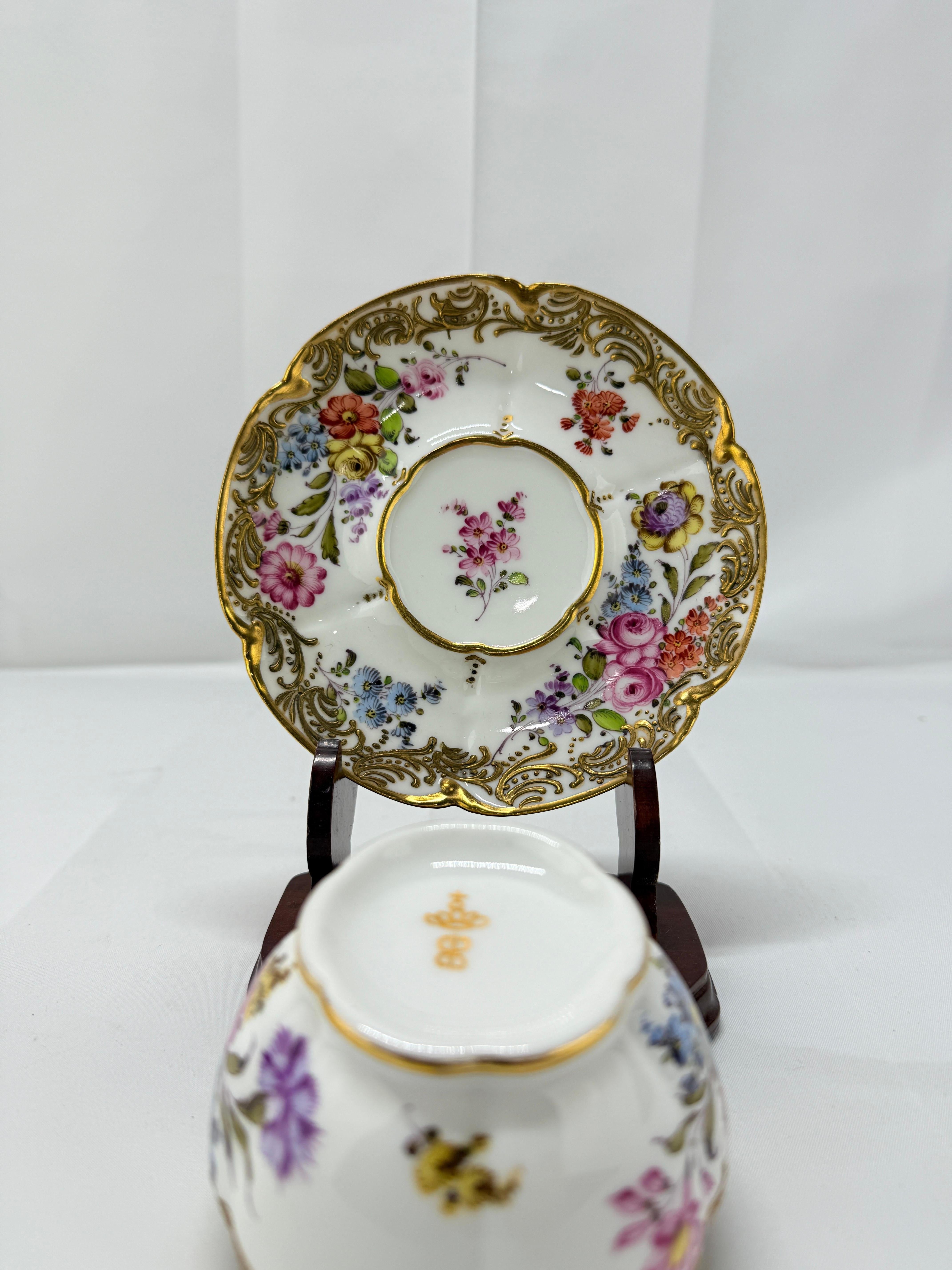 Belle Époque 19th Century French, Boudois & Bloch Floral Gold-Trimmed Cup & Saucer Set For Sale