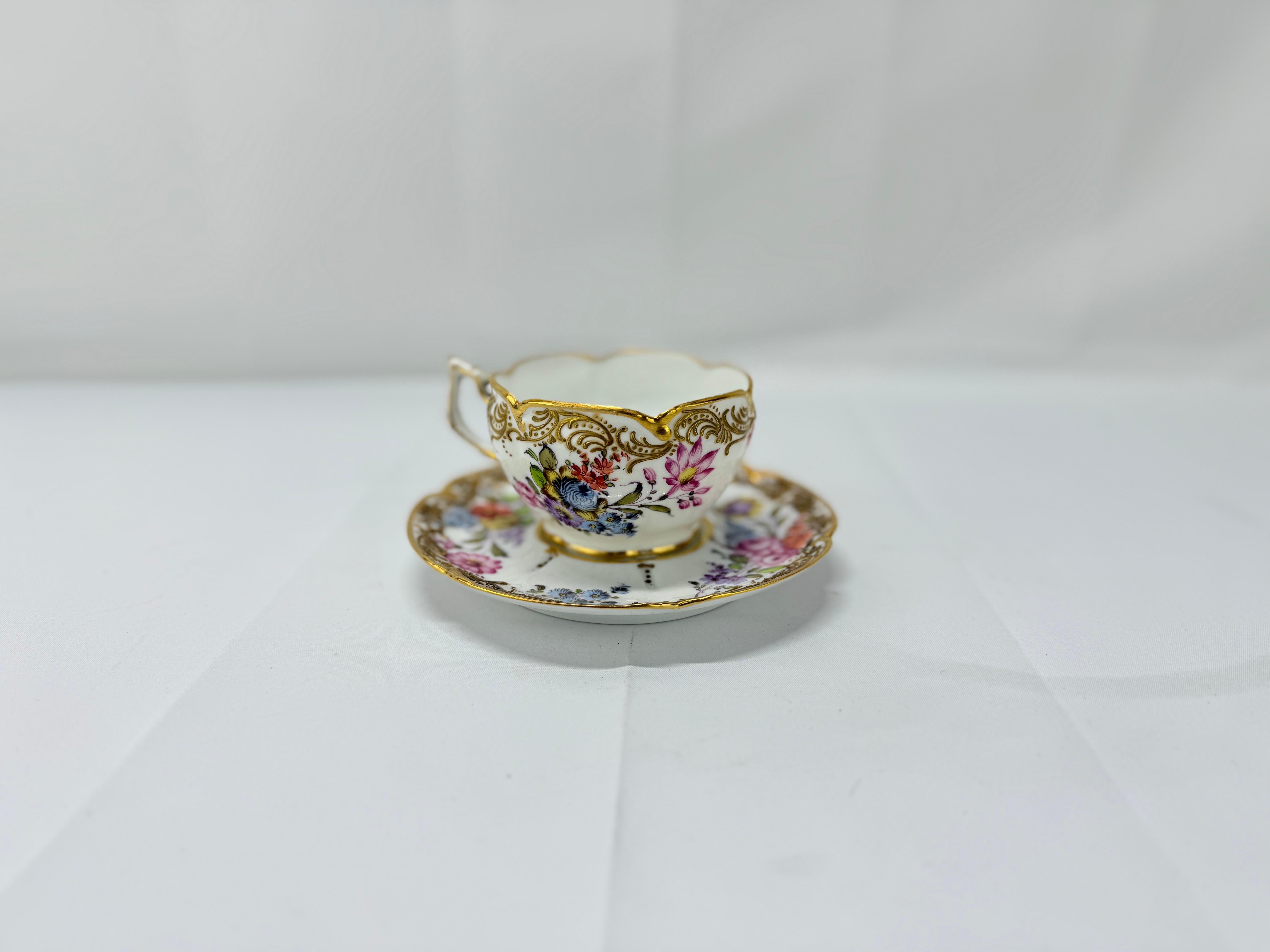 Porcelain 19th Century French, Boudois & Bloch Floral Gold-Trimmed Cup & Saucer Set For Sale