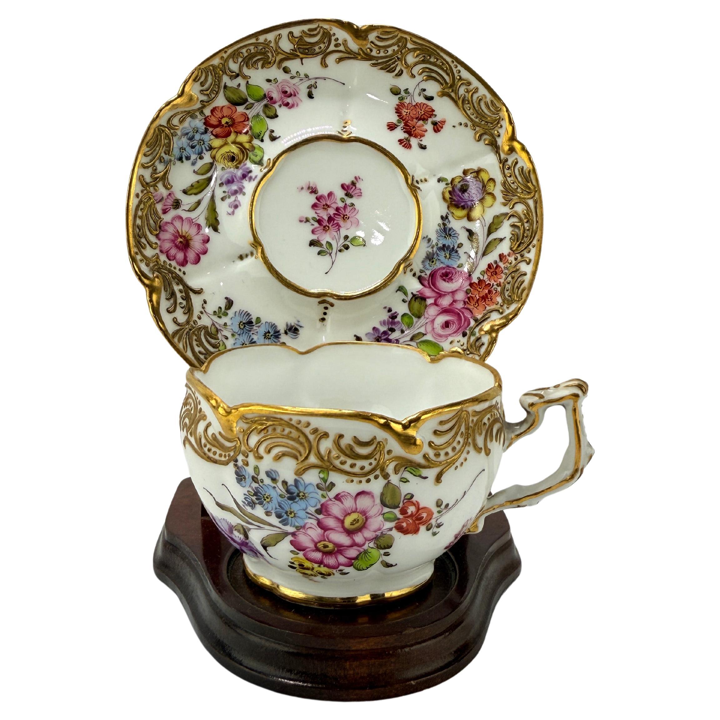 19th Century French, Boudois & Bloch Floral Gold-Trimmed Cup & Saucer Set For Sale