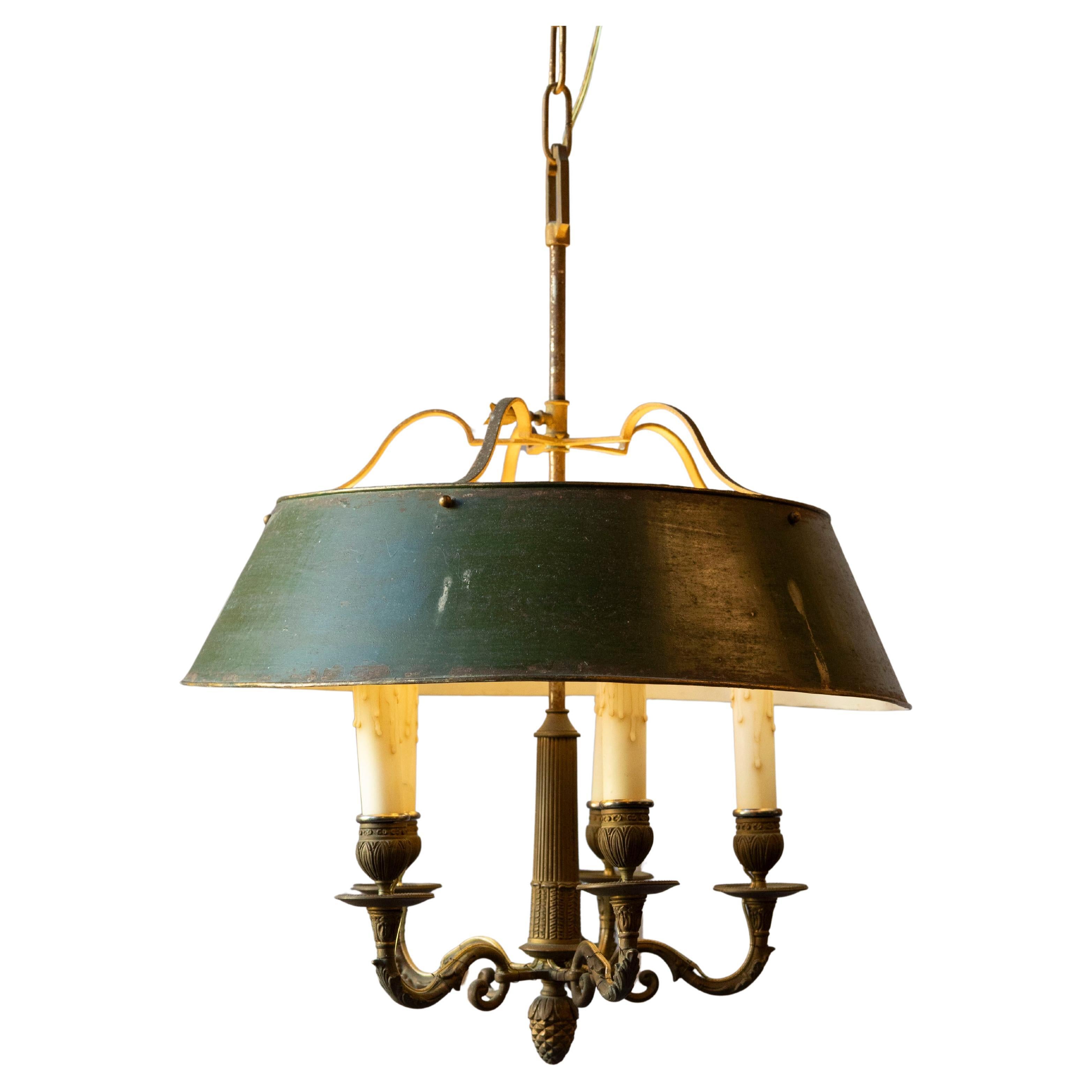 Lampadario Bouillotte francese del XIX secolo in tiglio e bronzo