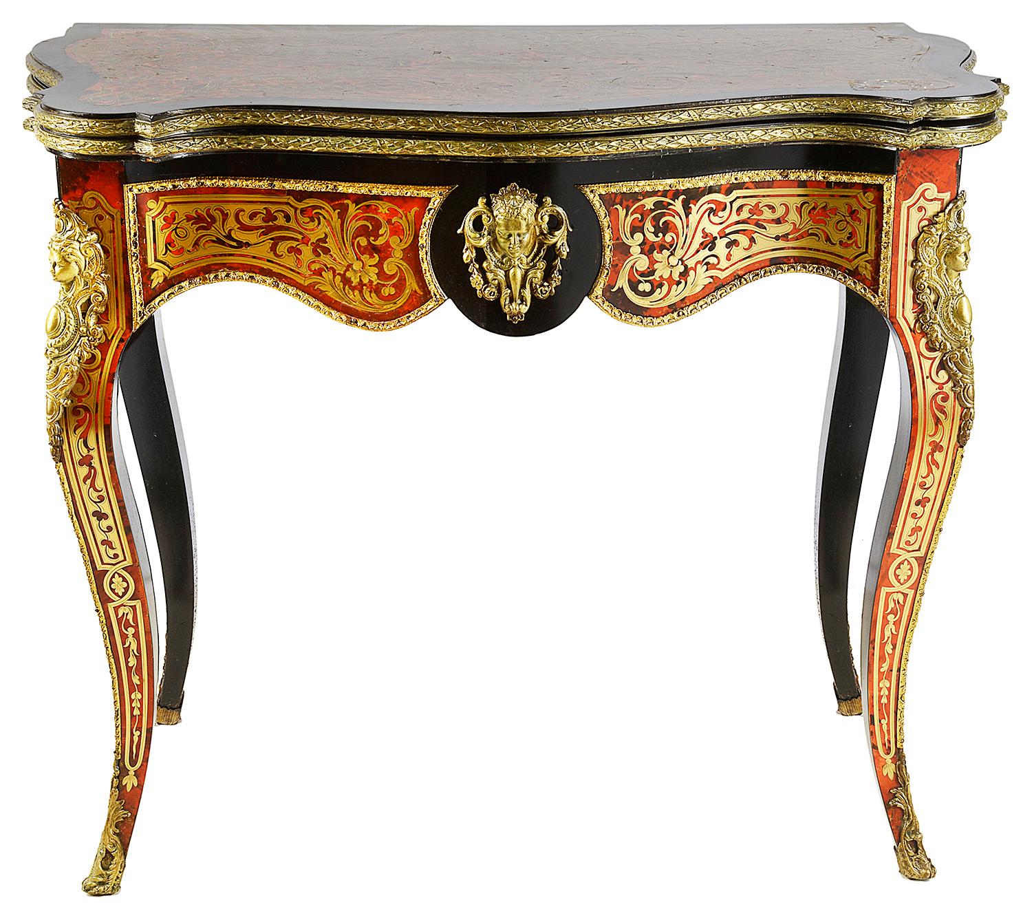19th century French Louis XVI style Boulle inlaid, ormolu-mounted card table, serpentine in shape, having classical scrolling brass inlaid decoration to the top, opening to reveal a green baize card play surface, raised on elegant cabriole legs.