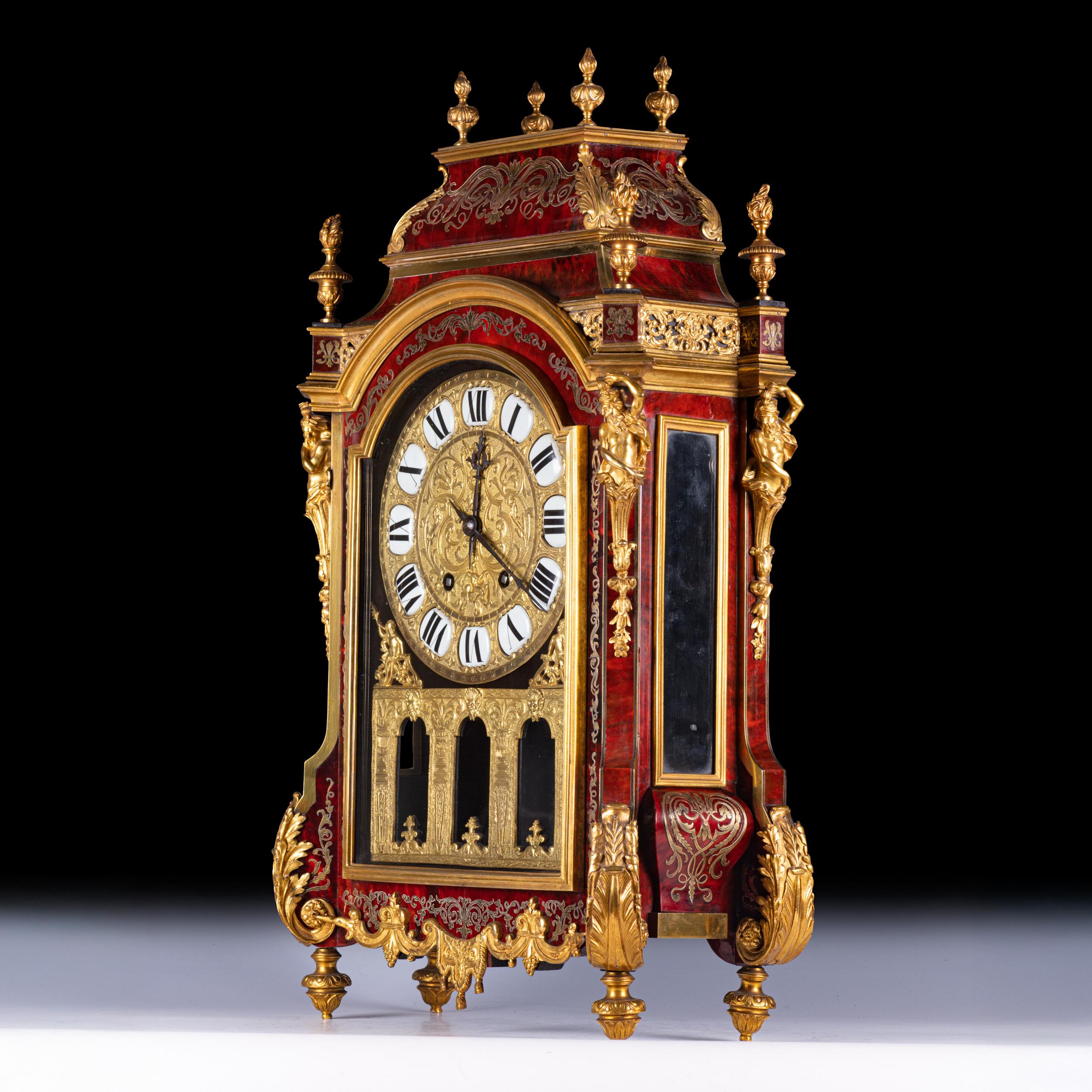 Brass 19th Century French Boulle Mantle Clock In The Louis XIV Style For Sale