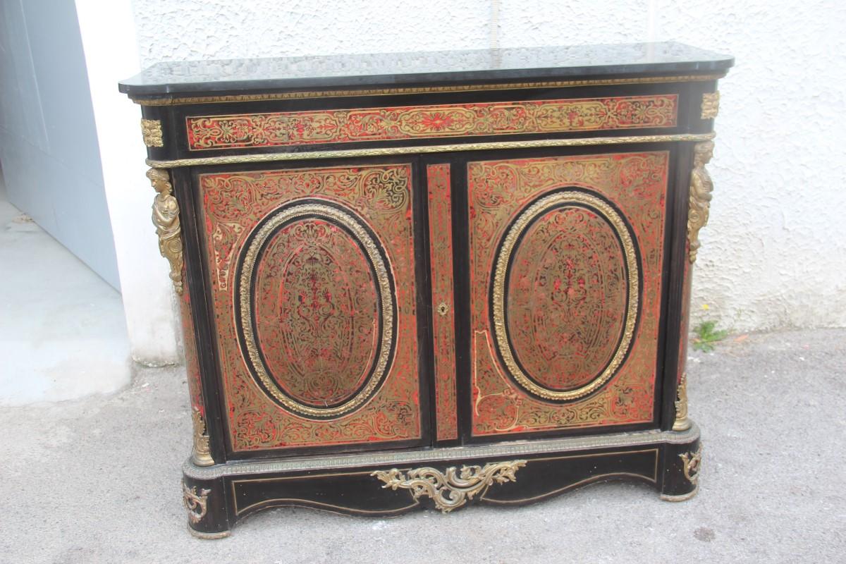 Original Pieces 19th century French Boulle set desk cabinet and chairs Andre Charles Boulle Louis XV Napoleon III.

Measures: Cabinet height cm.112, width cm.132, depth cm.43.
Presidential armchair height cm.104, width cm.58, depth cm.50,