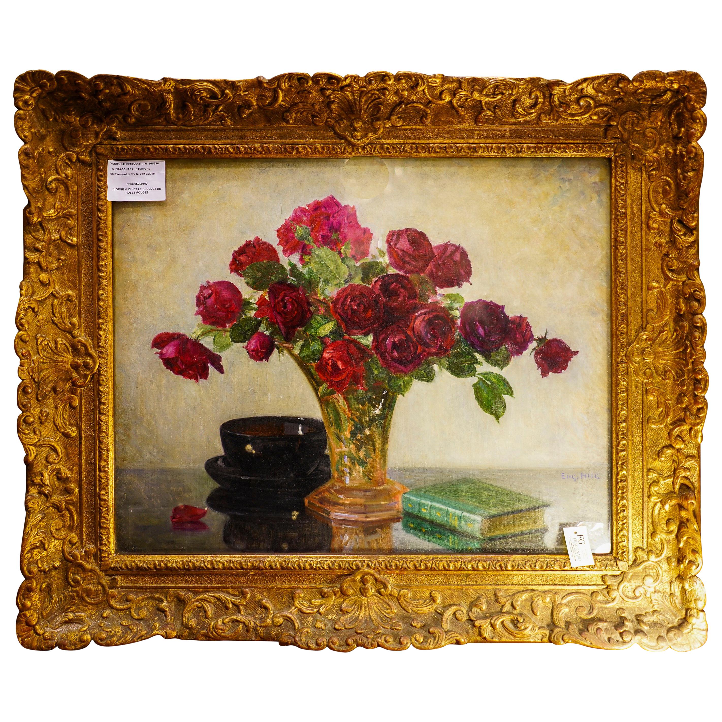 19th French  Oil on Canvas"  Bouquet of Red Flowers "Signed Eugene Huc